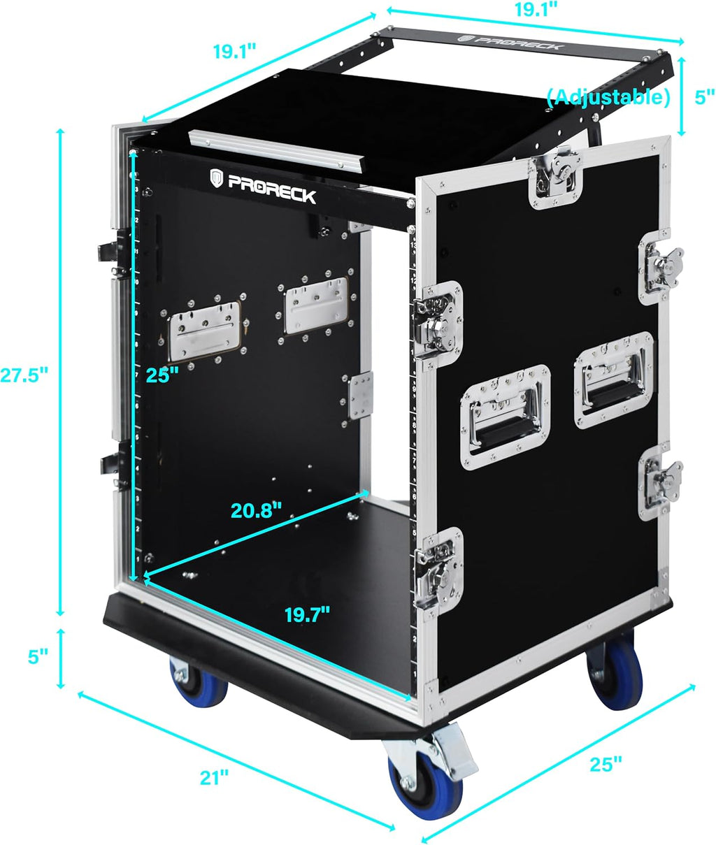 PRORECK 14U Rack/Road Case With Slant Mixer Top, And Casters, 20'' Rackable Depth, Plywood, 14U Installation Size, Pro Stage Performance.
