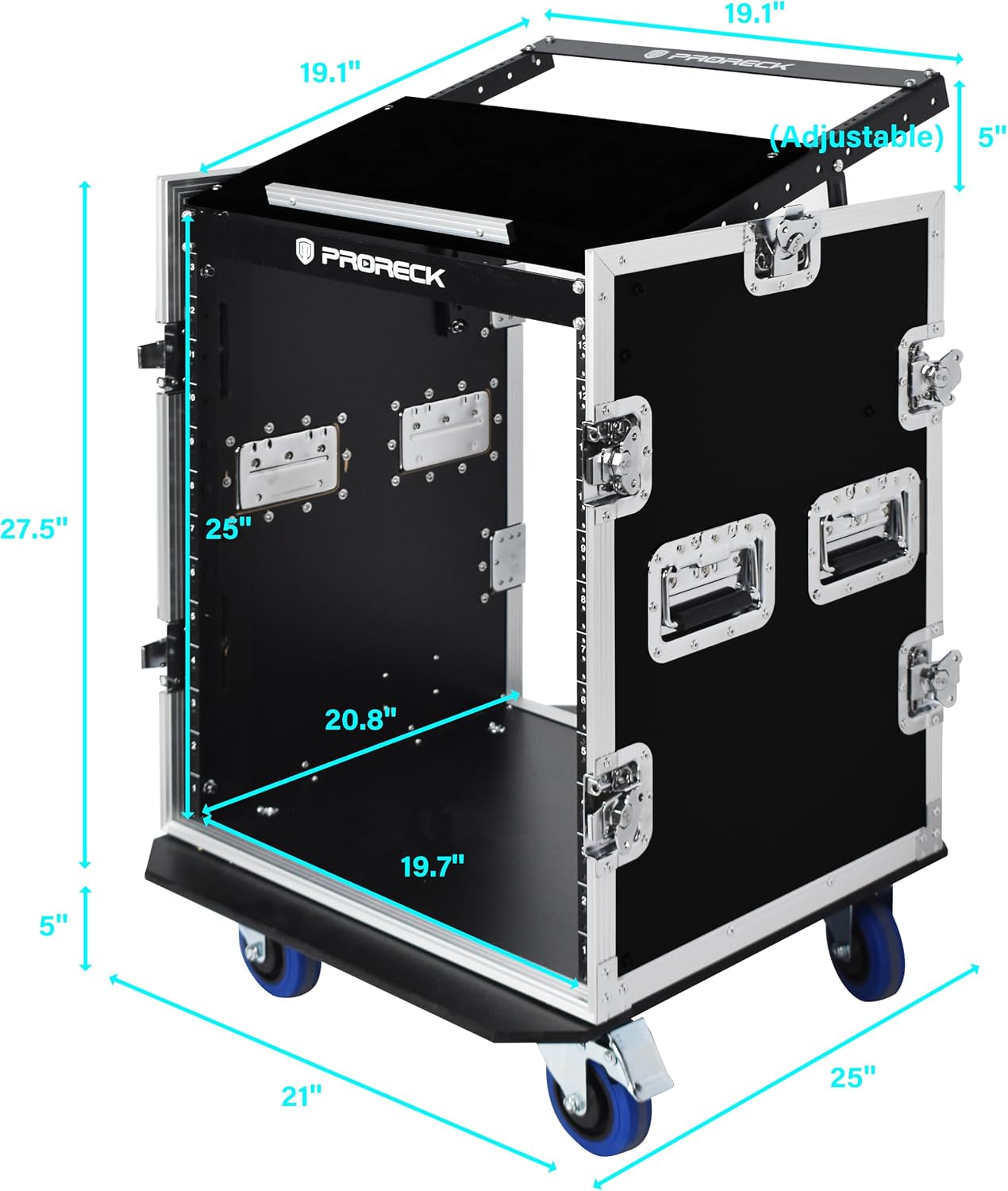 PRORECK 14U Rack/Road Case With Slant Mixer Top, And Casters, 20'' Rackable Depth, Plywood, 14U Installation Size, Pro Stage Performance.