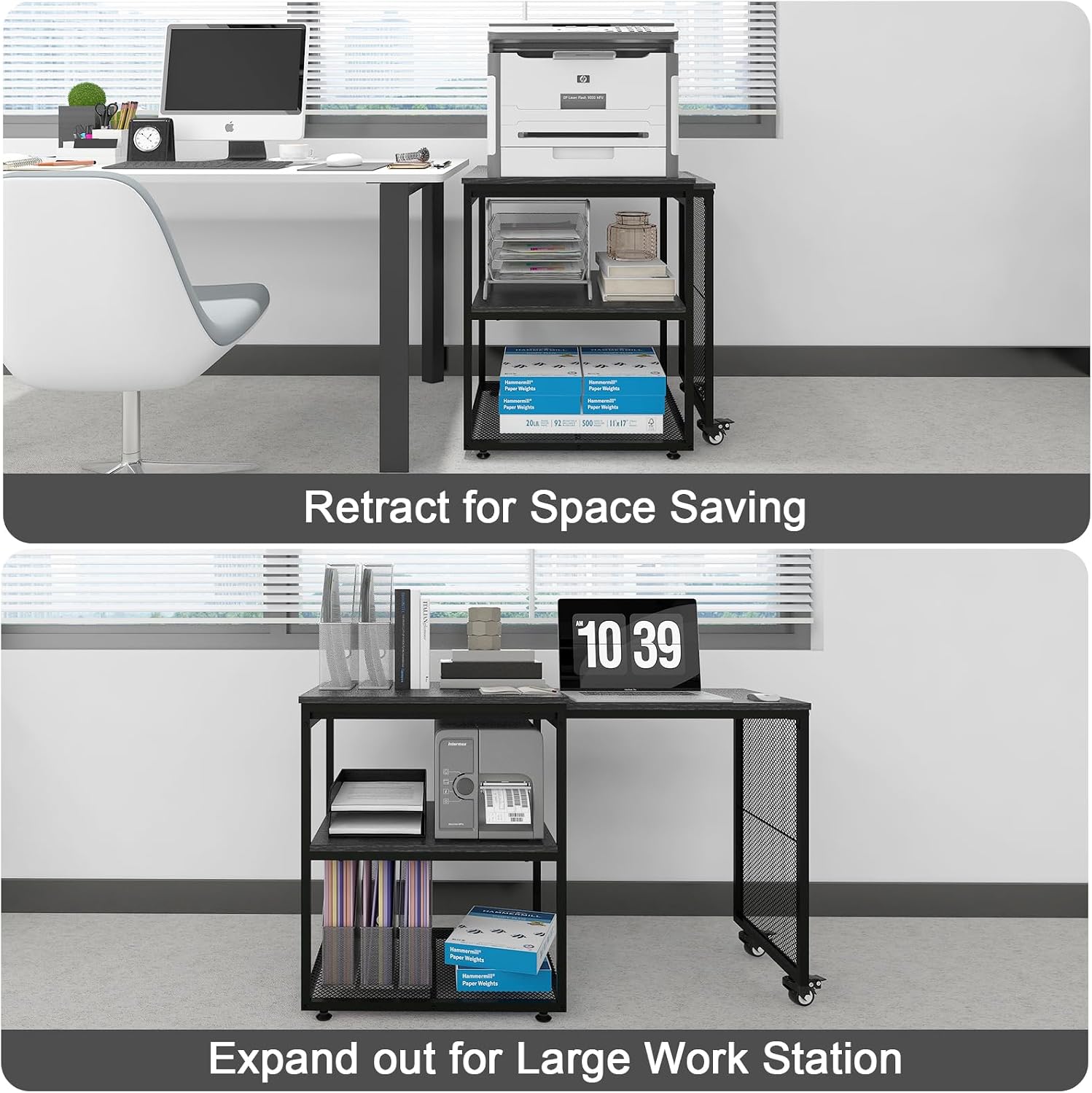 Natwind 24''x20''x29'' Large Printer Stand with Storage Shelves,Extendable Home Craft Table,Home Office Organization Desk, Versatile Table for Home Office, Kitchen, Study Room, Living Room (Black)