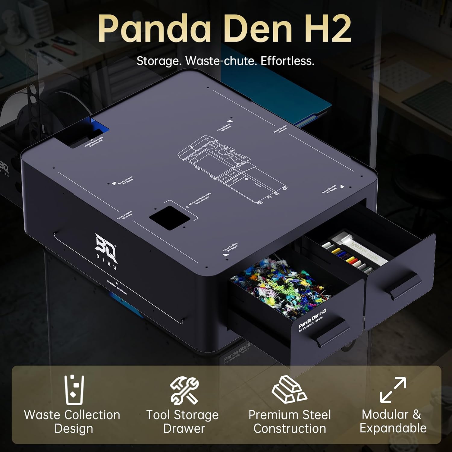 BIQU Panda Den H2 Tool Storage Drawers Compatible with Bambu-Lab H2D/H2C/H2S/P1P/P1S/P2S/X1C/X1E/X2D/A1/A1 Mini 3D Printers, Filament Waste Collection System Modular Expansion Maximize Vertical Space