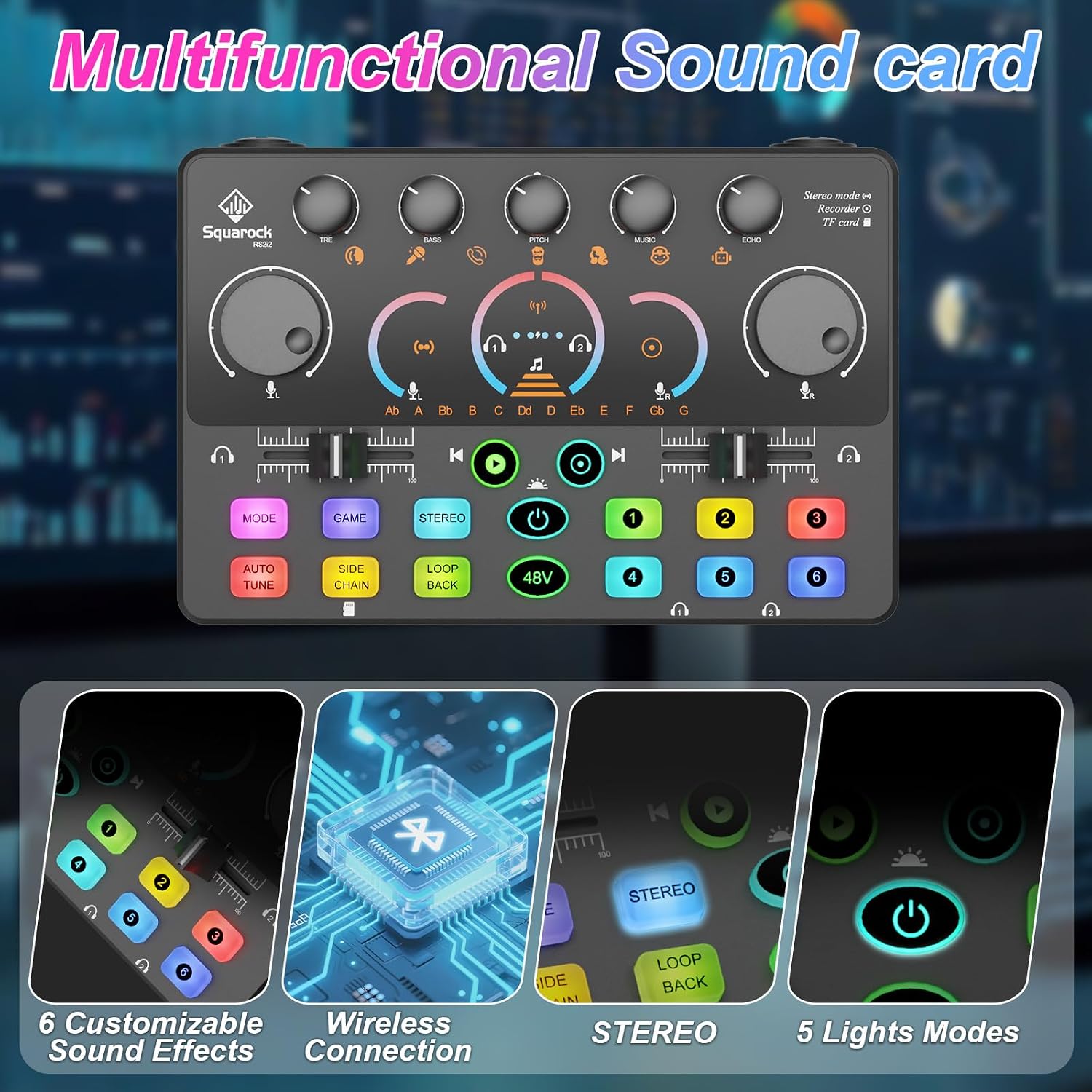 Podcast Equipment Bundle,5RGB Mixer with XLR-6.5mm interface,Dynamic Microphone, TF Card, Surround Sound, Suitable for Streaming/TikTok/YouTube, Compatible with Mobile Phones, PC,Camera RS2