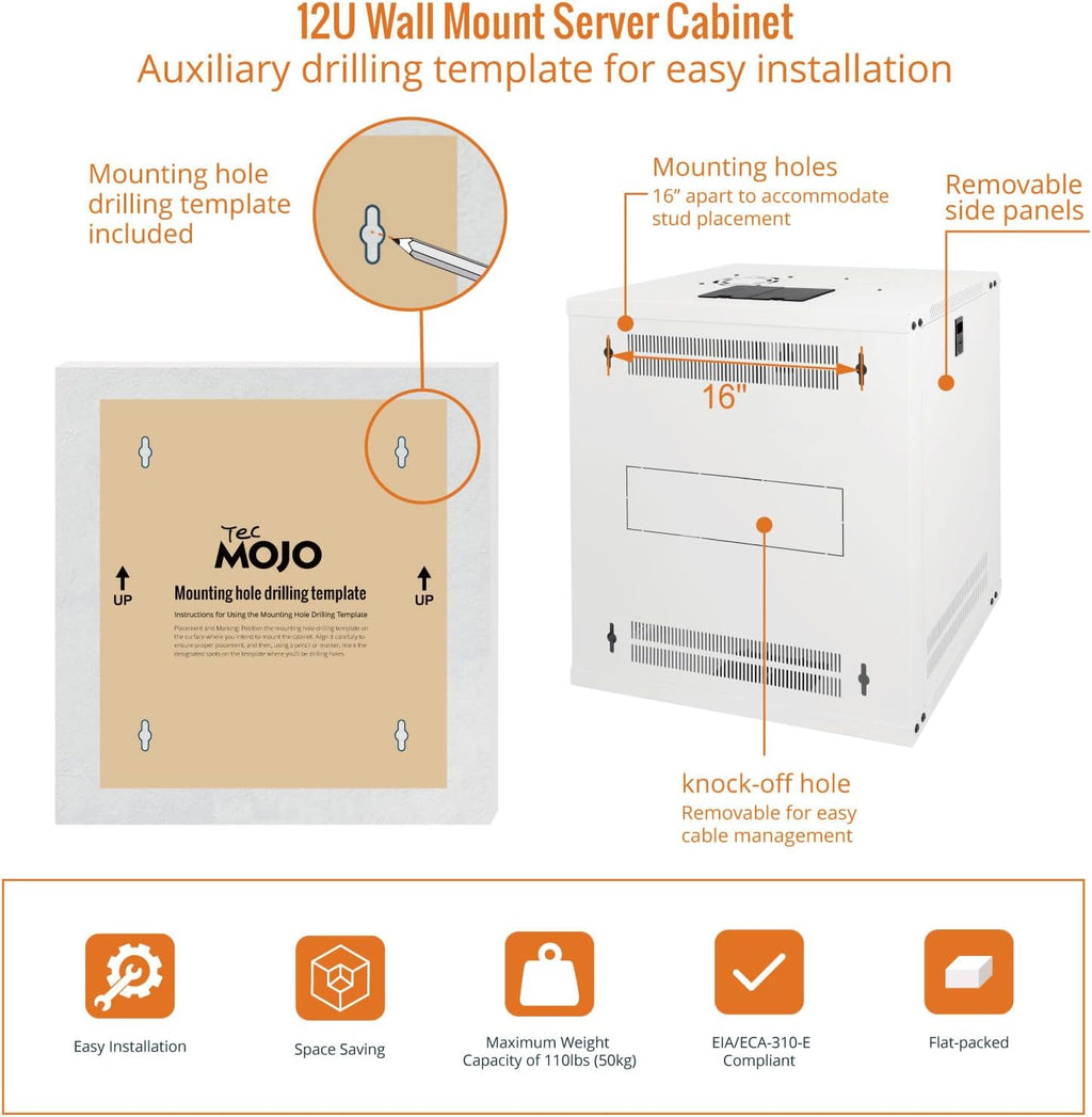 Tecmojo 12U Wall Mount Rack Network Cabinet for 19' IT Equipment,with Lockable Glass Door and Side Panels,Cooling Fan,17.7inch Depth,White