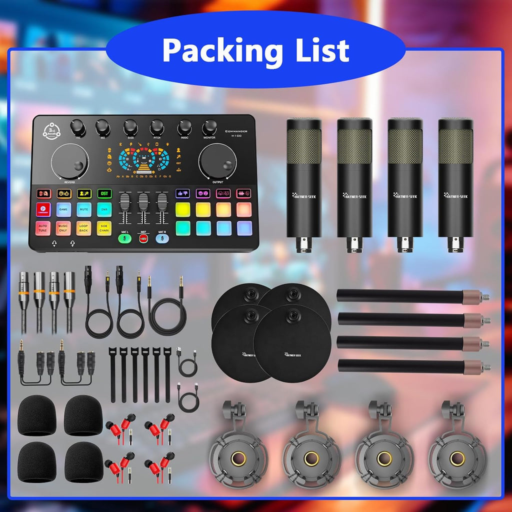 Podcast Equipment Bundle for 4, Audio Interface with 4 Dynamic Microphone, 4 Desktop Mic Stands, Voice Change, DJ Mixer for Vocal Recording Podcasting,Streaming,Singing TikTok, COMMANDER M100 3rd