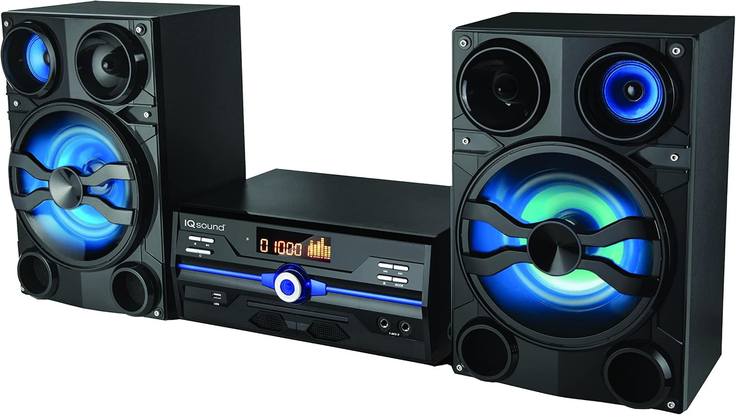 IQ Sound IQ-9000BT Premium 160W Hi-Fi Audio System with Bluetooth, DVD/CD/MP3/WMA Compatible, USB, FM Radio, LED Display, Speaker Lights, Remote Control, 2 Microphone Inputs, AV Output, AUX Input
