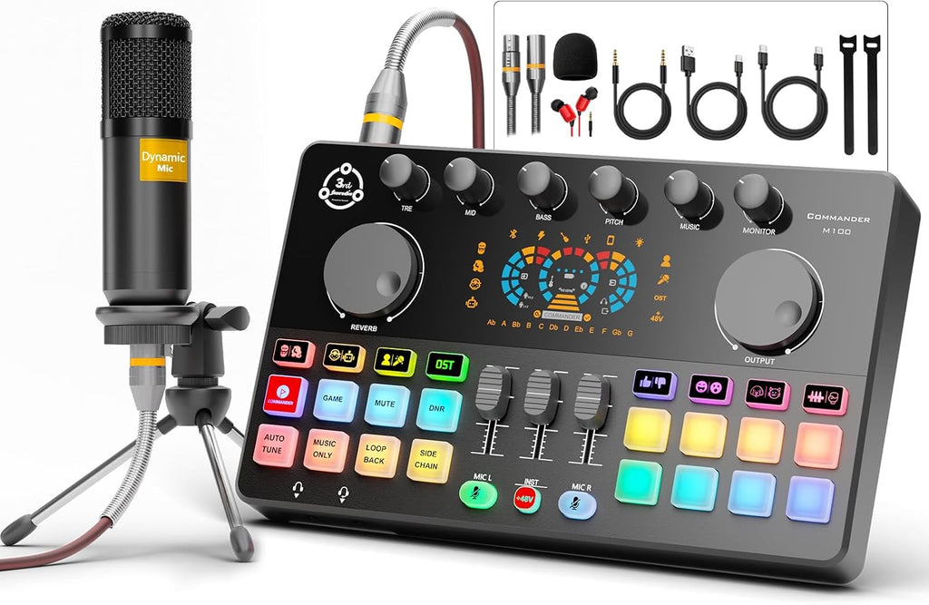 Podcast Equipment Bundle, Audio Interface with XLR Dynamic Microphone for Studio Recording Vocals, Podcasting, Streaming, Gaming, COMMANDER M100 3rd