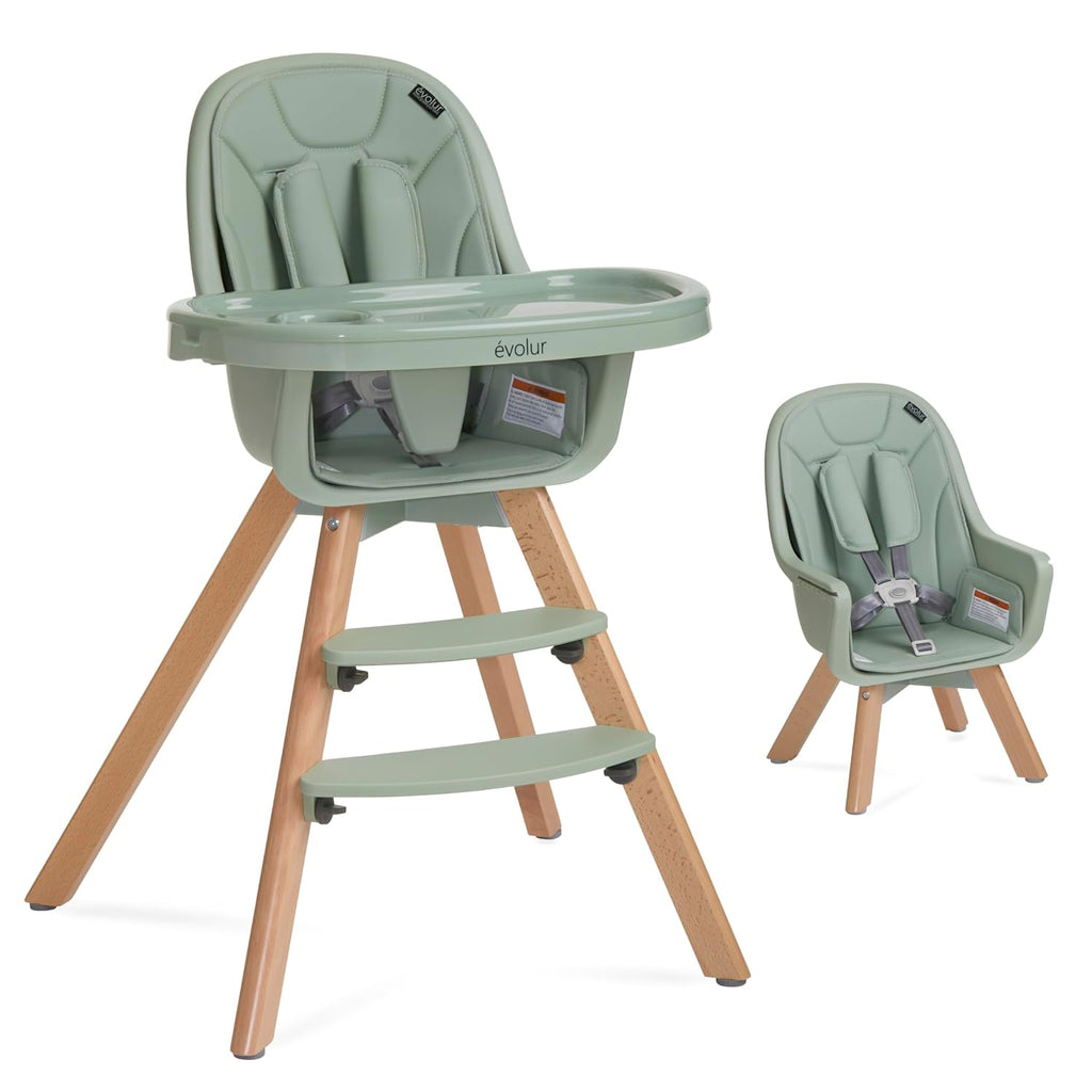 Evolur Zoodle 2-in-1 High Chair for Baby & Toddler – Convertible High Chair to Toddler Chair, Padded Seat, 5-Point Safety Harness, Dual Dishwasher-Safe Trays, Solid Beechwood Legs – Sage Green