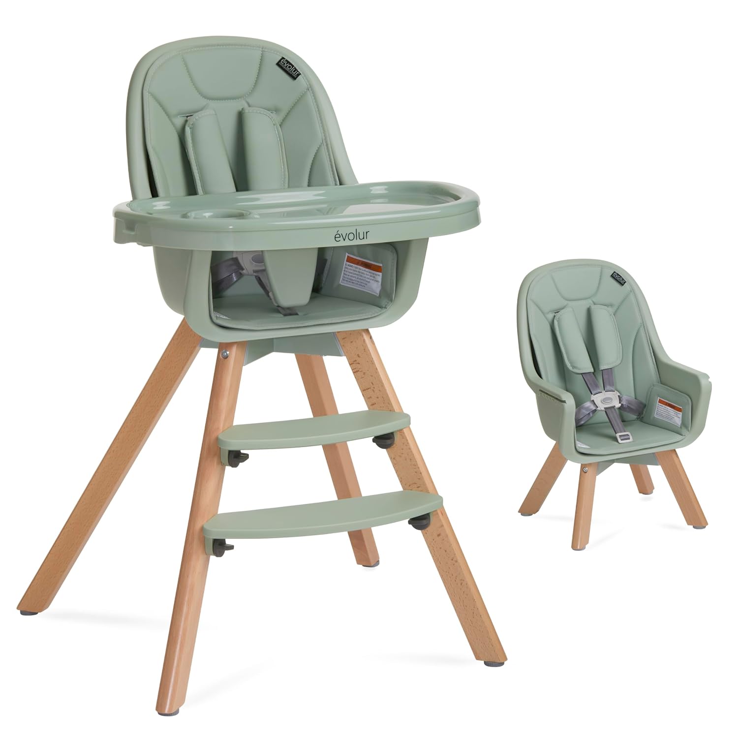 Evolur Zoodle 2-in-1 High Chair for Baby & Toddler – Convertible High Chair to Toddler Chair, Padded Seat, 5-Point Safety Harness, Dual Dishwasher-Safe Trays, Solid Beechwood Legs – Sage Green