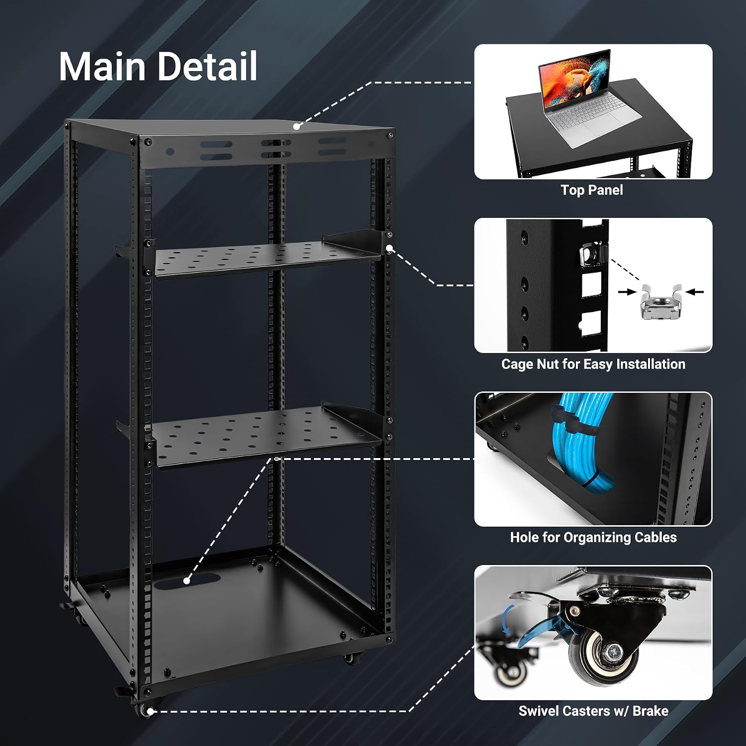20U Server Rack w/ 2 Racks, Versatile Open Frame IT Rack - Wall-Mount, Rotate and Push w/Ease, AV Rack w/Top & Bottom Panels, Hook and Loop Straps for 19' Stereo/Data/IT/Computer Equipment