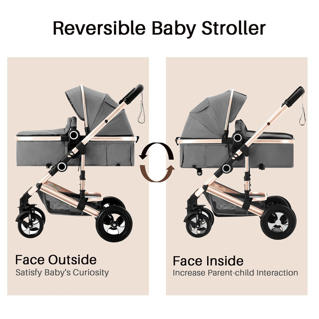 2 in 1 Baby Stroller, Convertible Pushchair Stroller w/Reversible Seat, Foldable Newborn Pram Carriage, Adjustable Canopy, Storage Basket, Diaper Bag & Cup Holder, 0-36 Months (Golden)