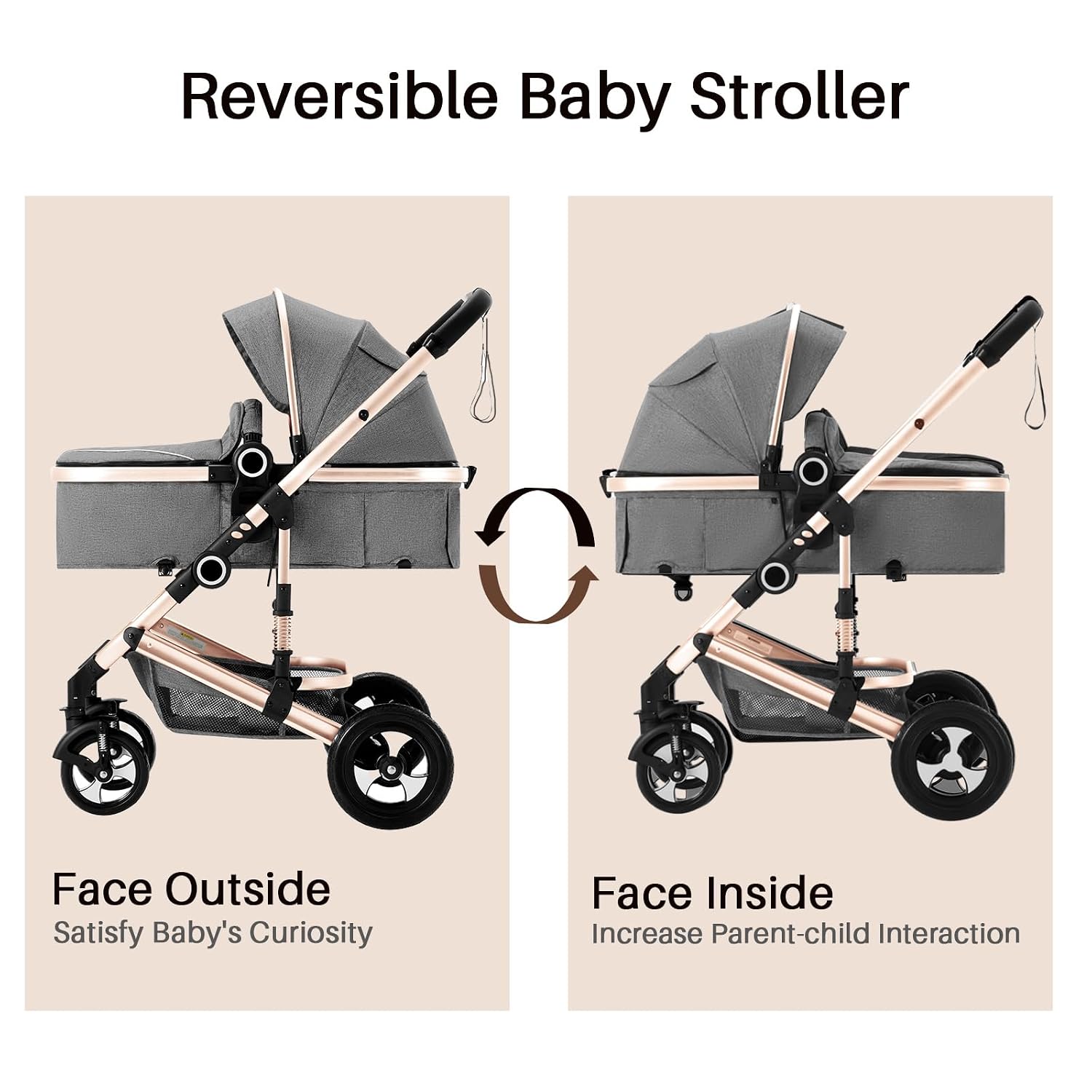 2 in 1 Baby Stroller, Convertible Pushchair Stroller w/Reversible Seat, Foldable Newborn Pram Carriage, Adjustable Canopy, Storage Basket, Diaper Bag & Cup Holder, 0-36 Months (Golden)