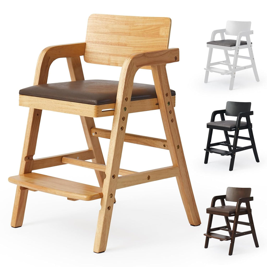 Wooden High Chair for Toddlers, Adjustable Baby Feeding Chair with Seat & Footrest, Grows with Child Dining Chair, Solid Wood Kids Learning Chair for Table, Study & Mealtime - Natural