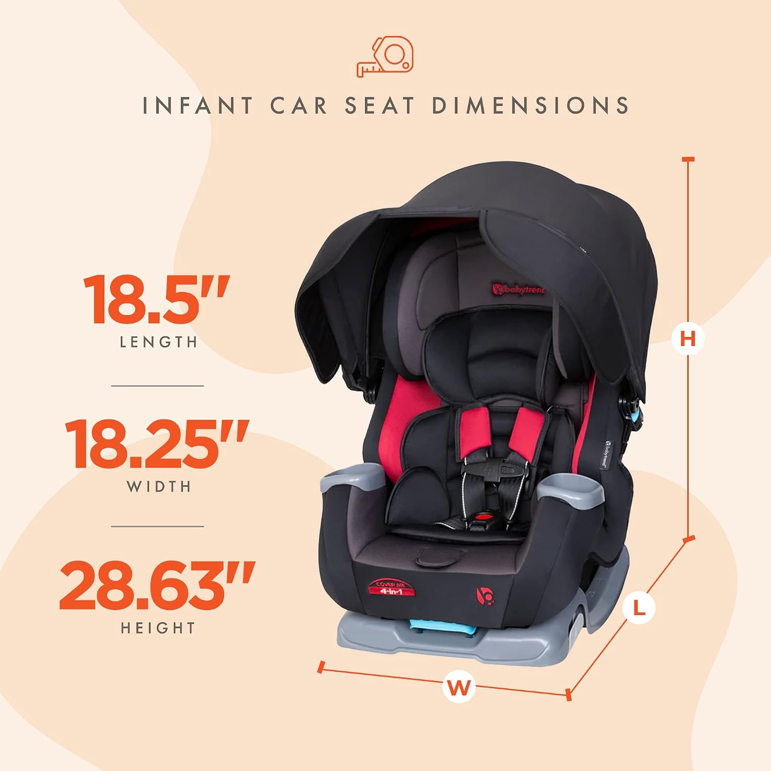 Baby Trend Cover Me™ 4-in-1 Convertible Car Seat, Scooter – Built-in Canopy, 4-Stage Growth System, Plush Comfort Padding, Multi-Position Recline