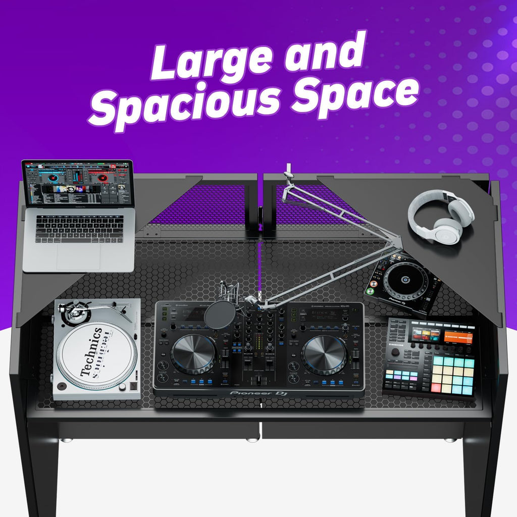 YooKoo Foldable DJ Booth with Two Top Trays, Tool-Free Assembly, DJ Table with White & Black Scrims, Metal Frame DJ Facade, DJ Stand with Cable Hole and Carry Bag, for Parties & Events & Small Studios