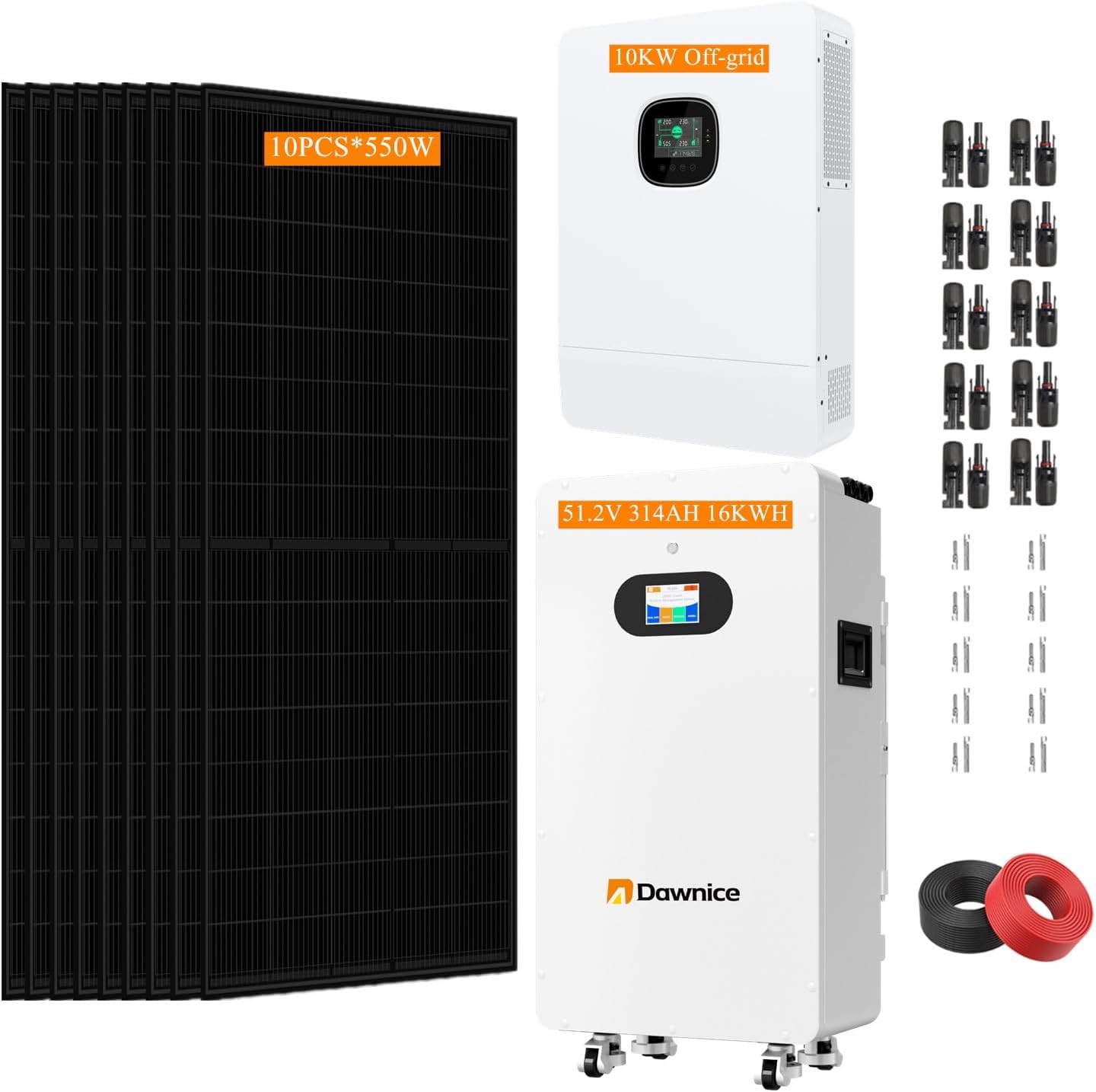 10KW Off Grid Solar System Complete Kit 48V 16KWH Home System with 10PCS*550W Solar Panels, 10KW Inverter, 51.2V 314Ah 16KWH LiFeP04 Battery