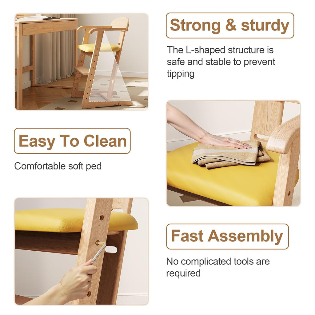 DOMGMUWUJEE Solid Wood Toddler Dining Chair - Adjustable Height Easy to Clean Toddler high Chair - Kids high Chair from 3 Years to 200 Lb, Grow with Child (Natural Yellow)