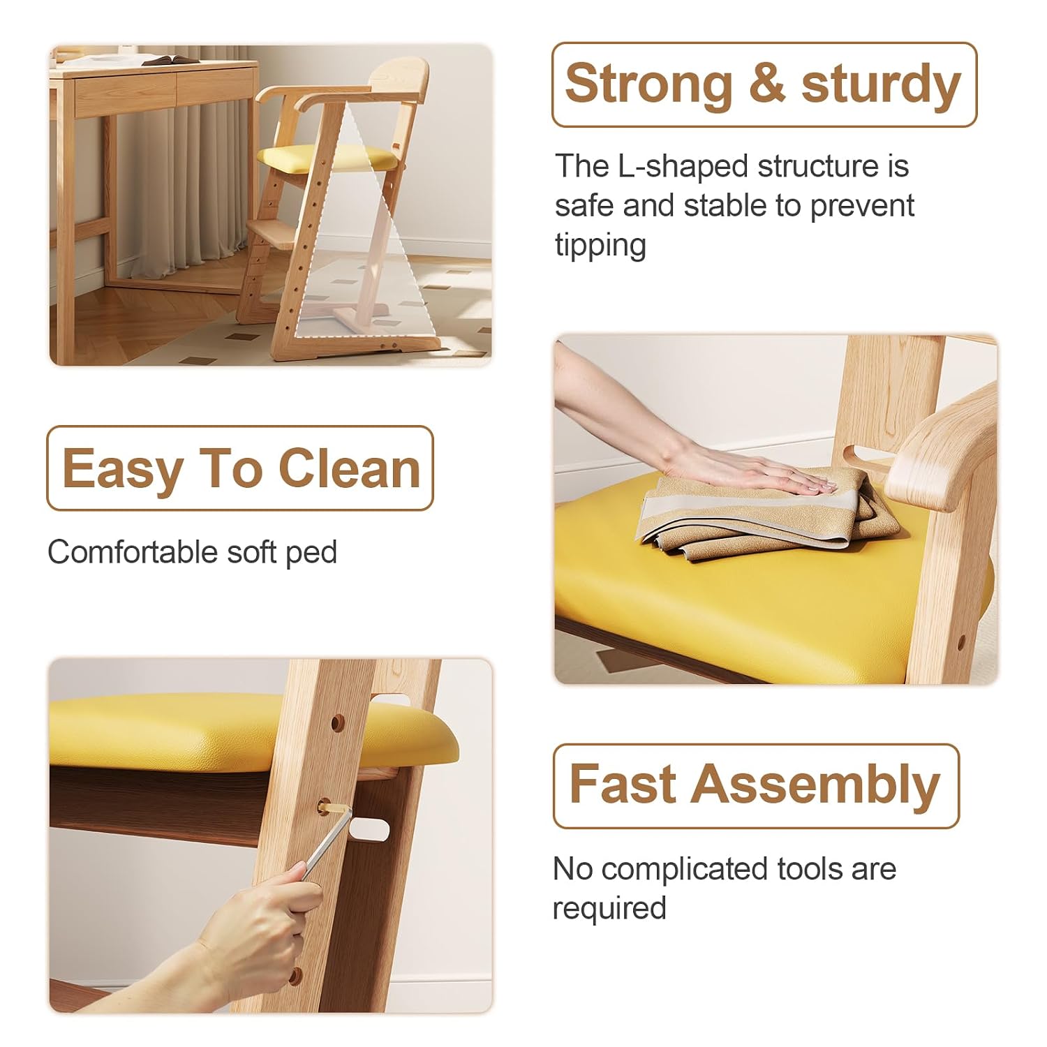 DOMGMUWUJEE Solid Wood Toddler Dining Chair - Adjustable Height Easy to Clean Toddler high Chair - Kids high Chair from 3 Years to 200 Lb, Grow with Child (Natural Yellow)