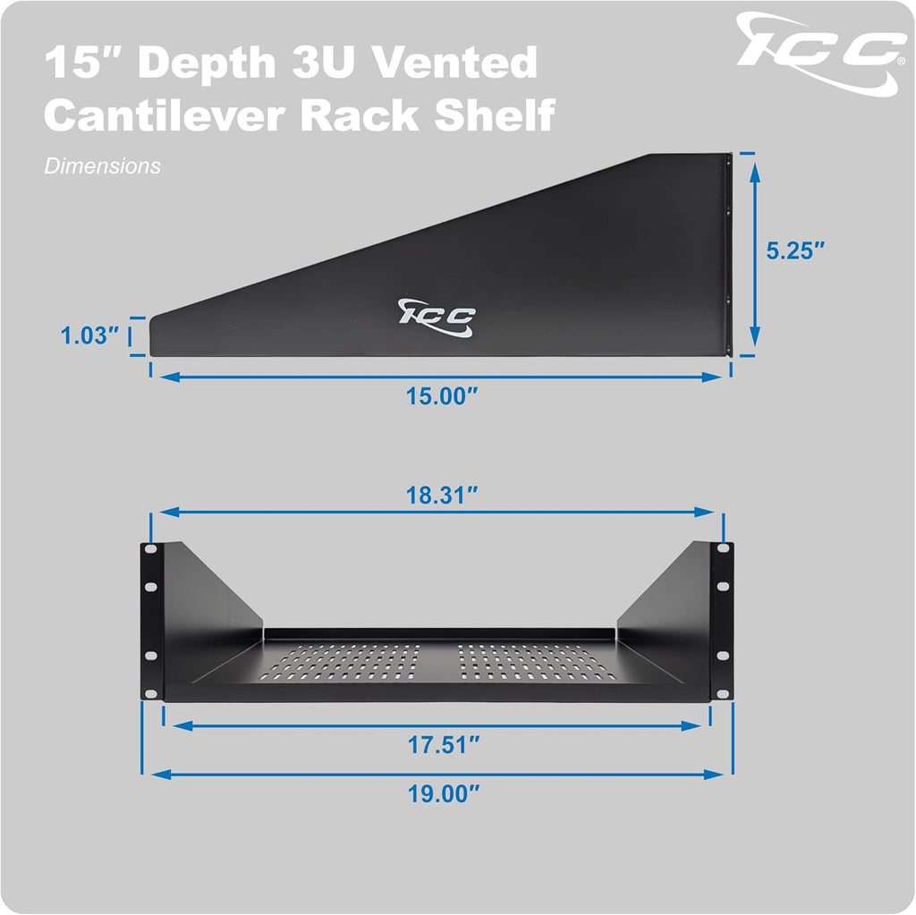 ICC 3U Cantilever Rack Shelf, Heavy-Duty Ventilated Steel Tray for 19' Network Equipment Racks, 15' Deep, 50 lbs Capacity, 2-Pack, Black