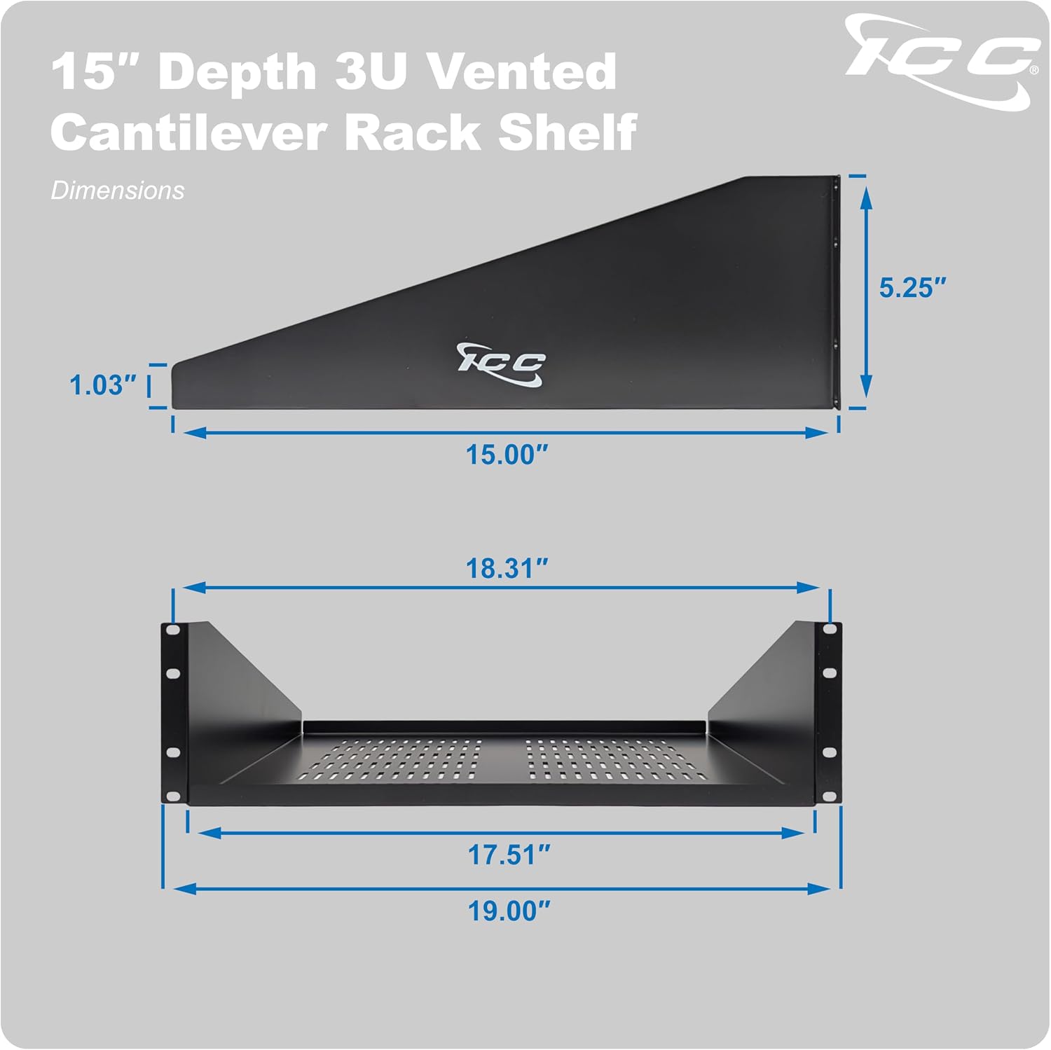 ICC 3U Cantilever Rack Shelf, Heavy-Duty Ventilated Steel Tray for 19' Network Equipment Racks, 15' Deep, 50 lbs Capacity, 2-Pack, Black