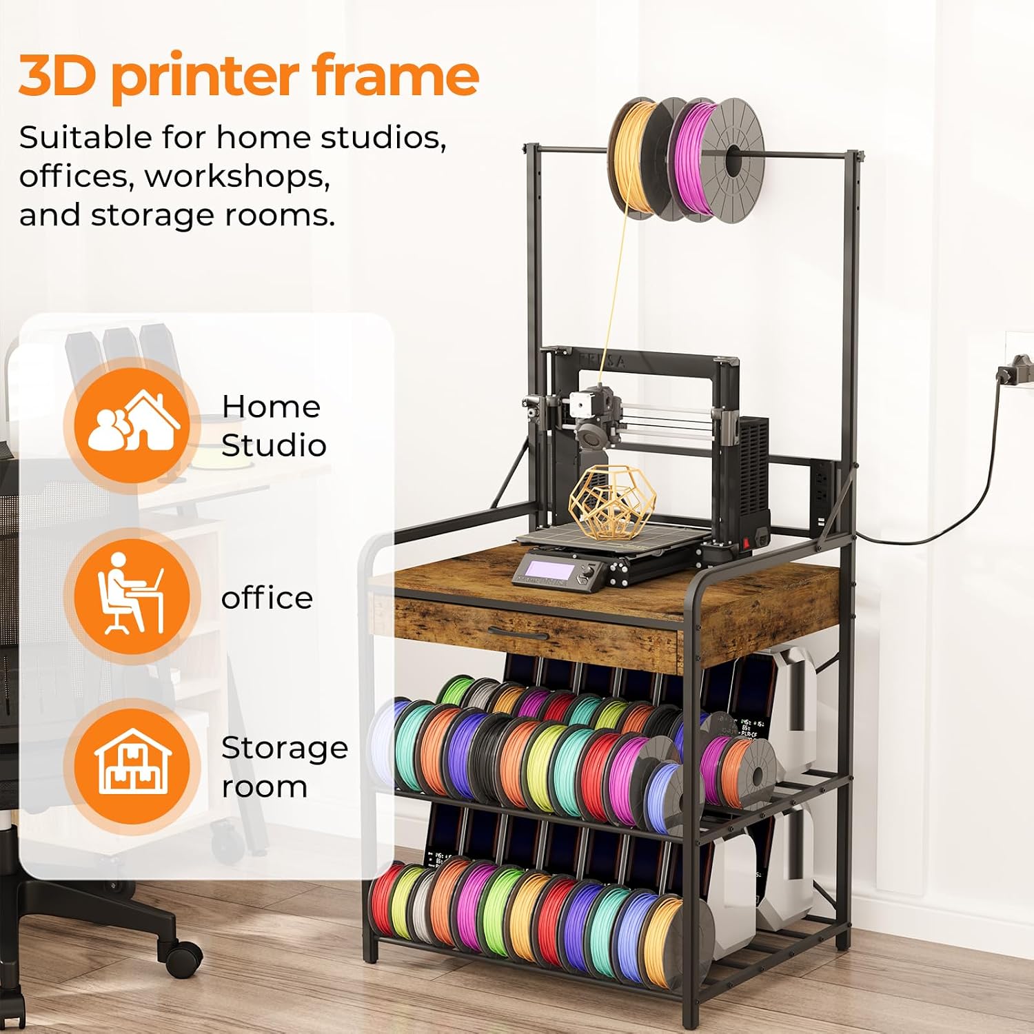 3D Printer Stand with Power Hub and Top Storage Shelf – Heavy Duty X-Bracket Stability, 3-Tier Storage & Tool Organizer for Workshop and Office