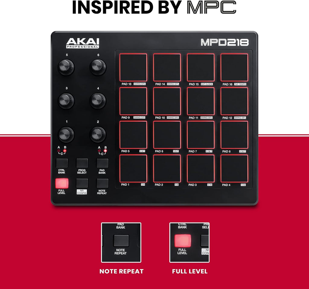Akai Professional MPD218 - USB MIDI Controller with 16 MPC Drum Pads, 6 Assignable Knobs, Note Repeat and Full Level Buttons and Production Software