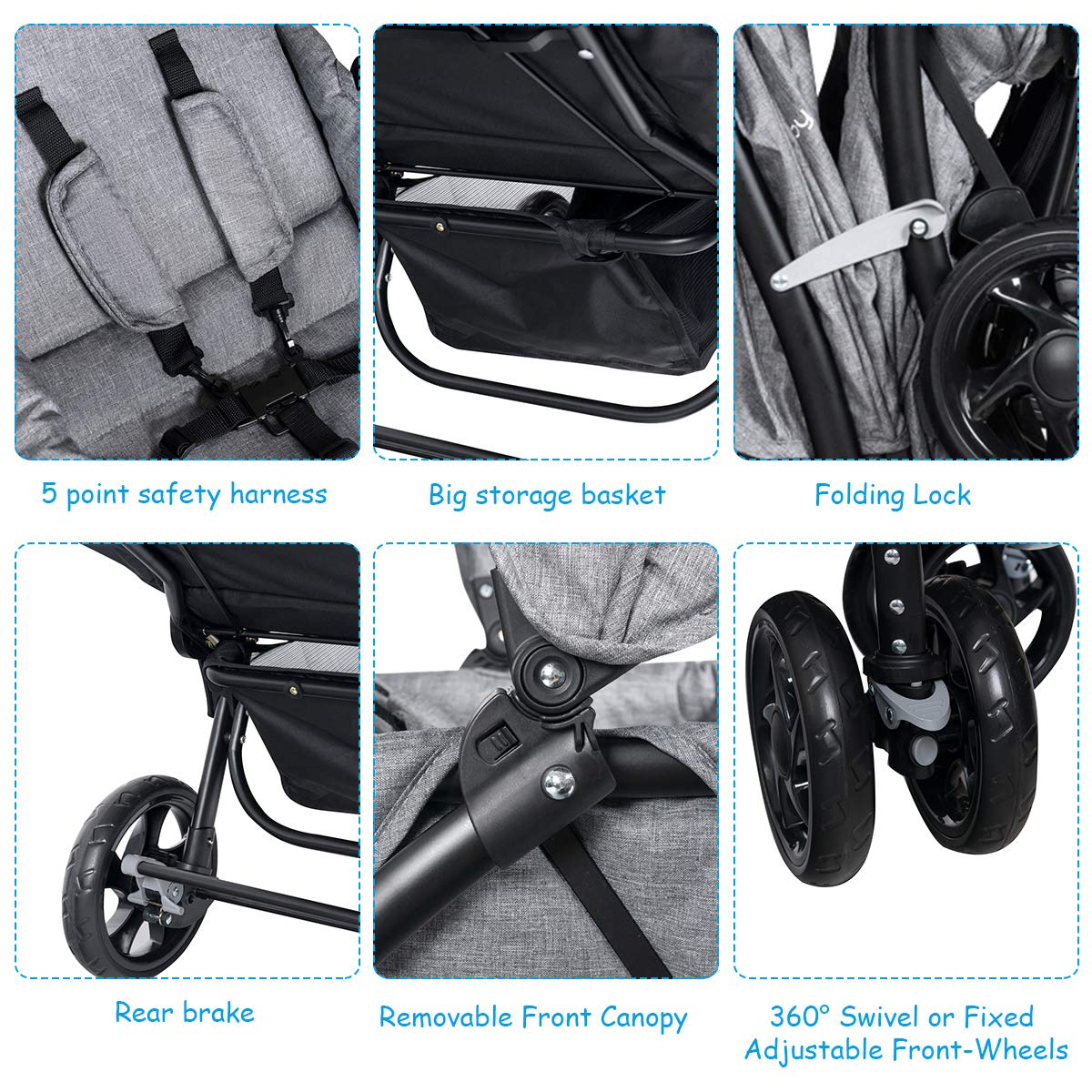 BABY JOY Double Stroller, Foldable Lightweight Twin Stroller with Tandem Seating, Adjustable Backrest/Canopy/Footrest, 5-Point Harness, Storage Basket, Newborn and Toddler (Gray)