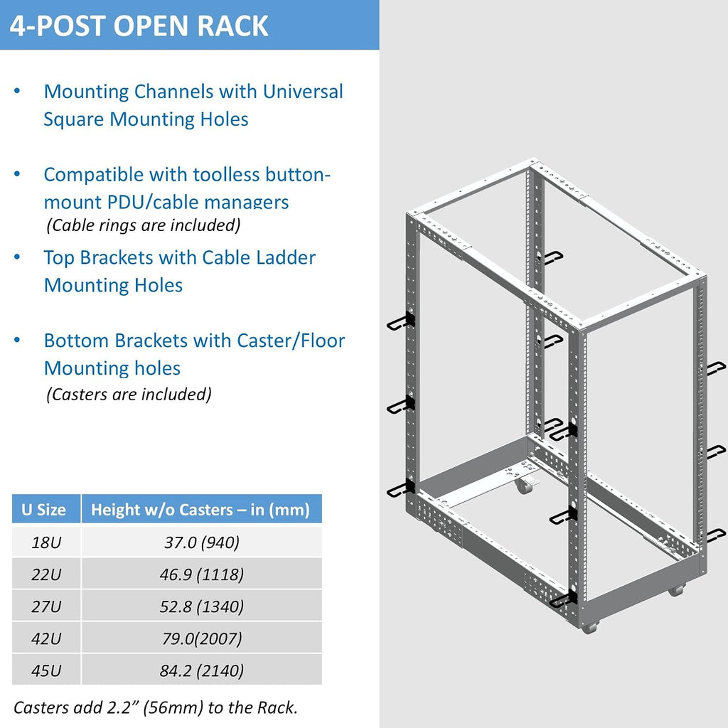AEONS 18U 4-Post IT Open Frame Server Rack 19 Inch Depth-Adjustable (22' to 40') Network Equipment AV Gear w/Cable Management