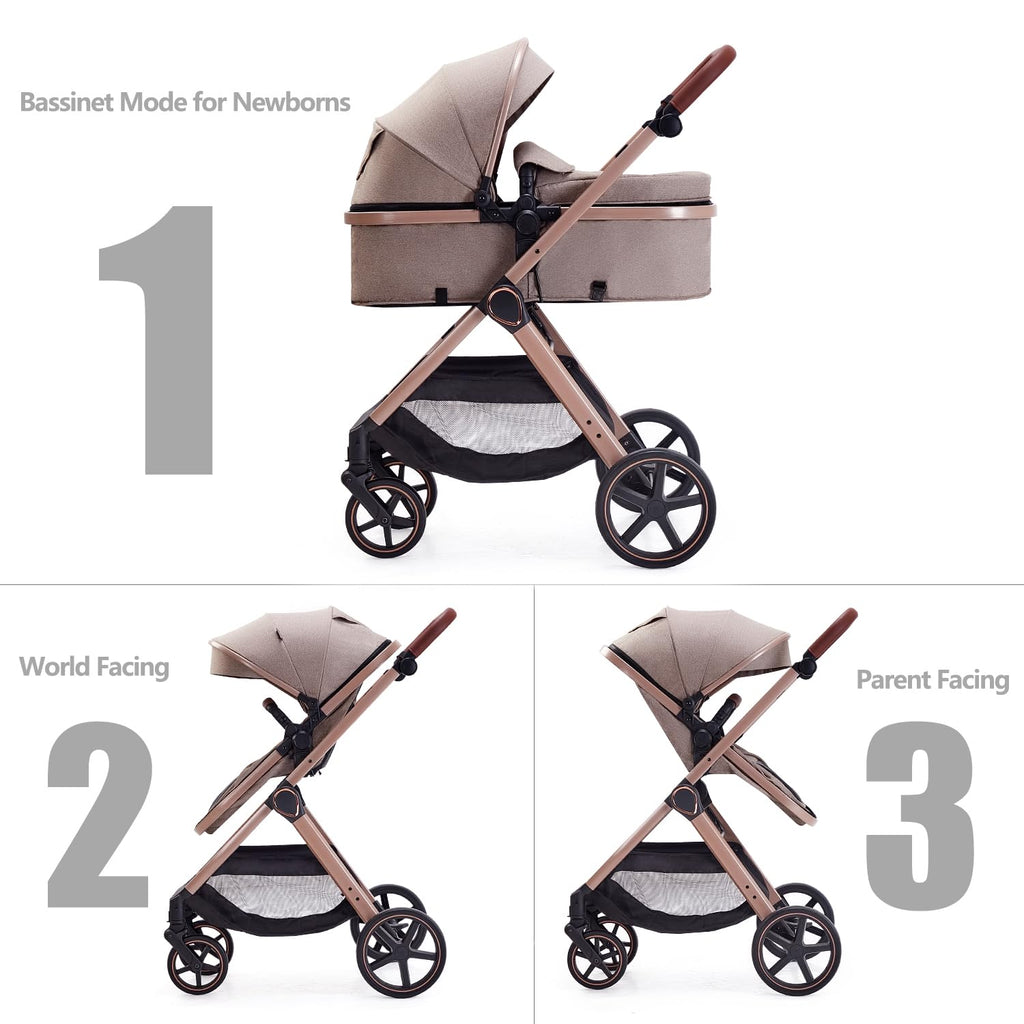 Lortsybab 2 in 1 Baby Stroller, Newborn Infant Toddler Convertible Pram Stroller for 0-36 Months Old Babies (Beige)