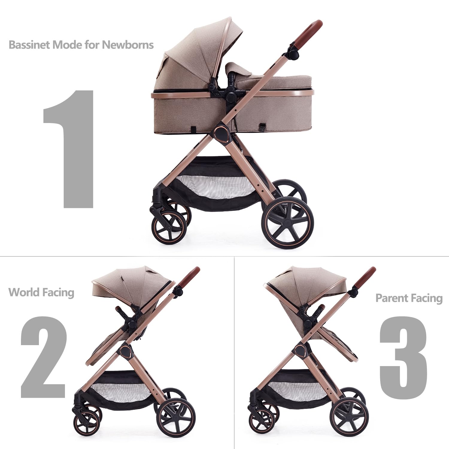Lortsybab 2 in 1 Baby Stroller, Newborn Infant Toddler Convertible Pram Stroller for 0-36 Months Old Babies (Beige)