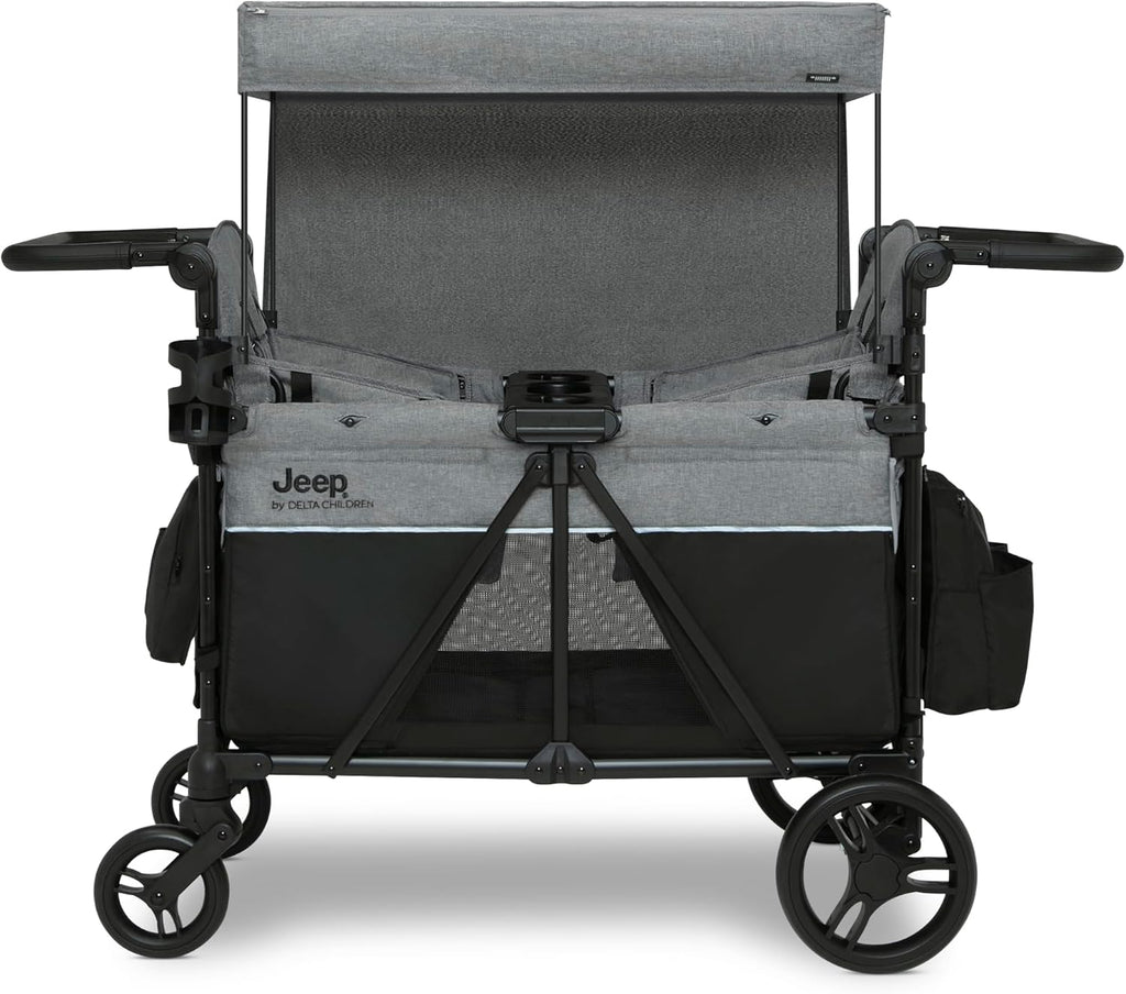 Delta Children - Jeep Aries Stroller Wagon - Premium Wagon for 2 Kids with Convertible Seats, Adjustable Push/Pull Handles, Removable Canopy & Flat Fold - Greenguard Gold Certified, Grey