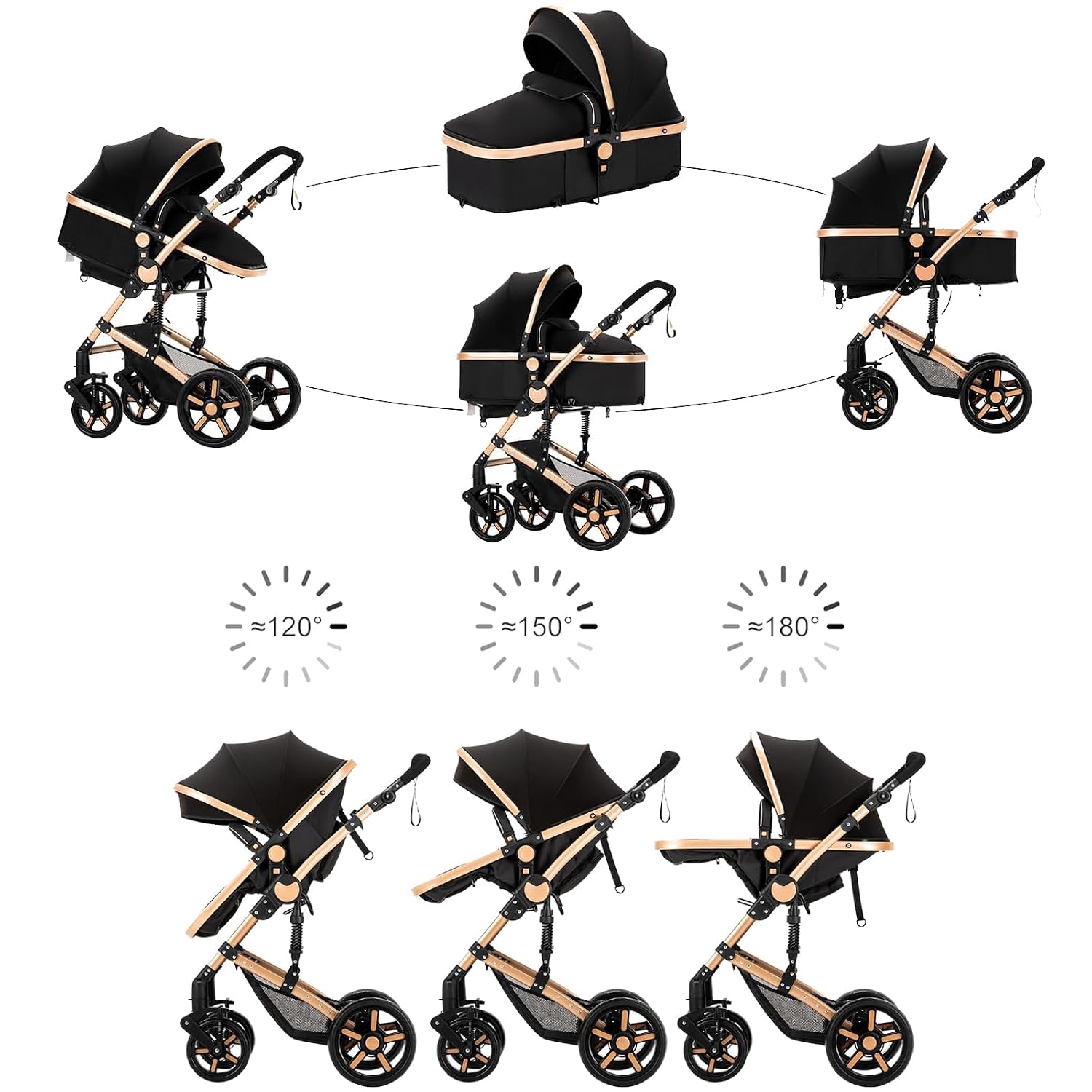 2 in 1 Baby Stroller, One Click Folding Convertible Newborn Infant parm, Reclining Buggy That can be Pushed Forward and Backward, New Born Pushchair 0-36 Month (2US588-BLACK)