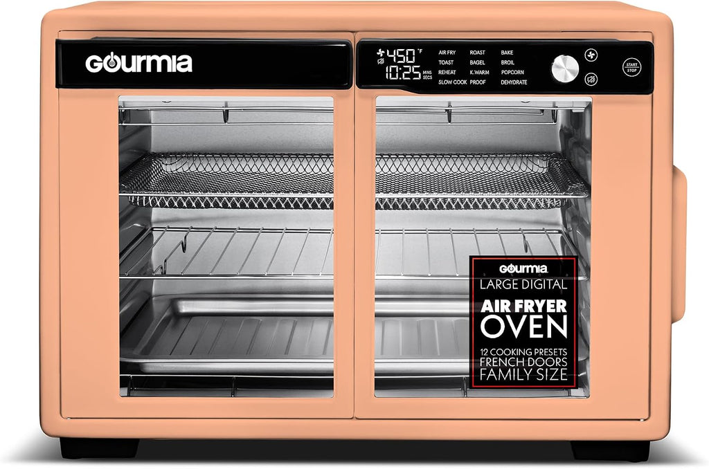 Gourmia French Door Air Fryer Oven - 37 Qt Large Capacity Convection Toaster Oven, FryForce 360°, Digital Display, 12 Cooking Presets, Dehydrate, Fits 13' Pizza, Dishwasher-Safe, Peach
