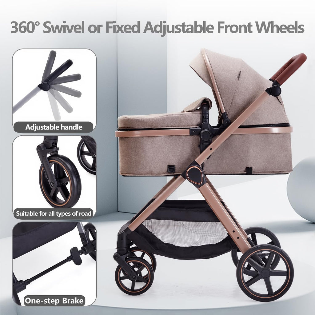 Lortsybab 2 in 1 Baby Stroller, Newborn Infant Toddler Convertible Pram Stroller for 0-36 Months Old Babies (Beige)
