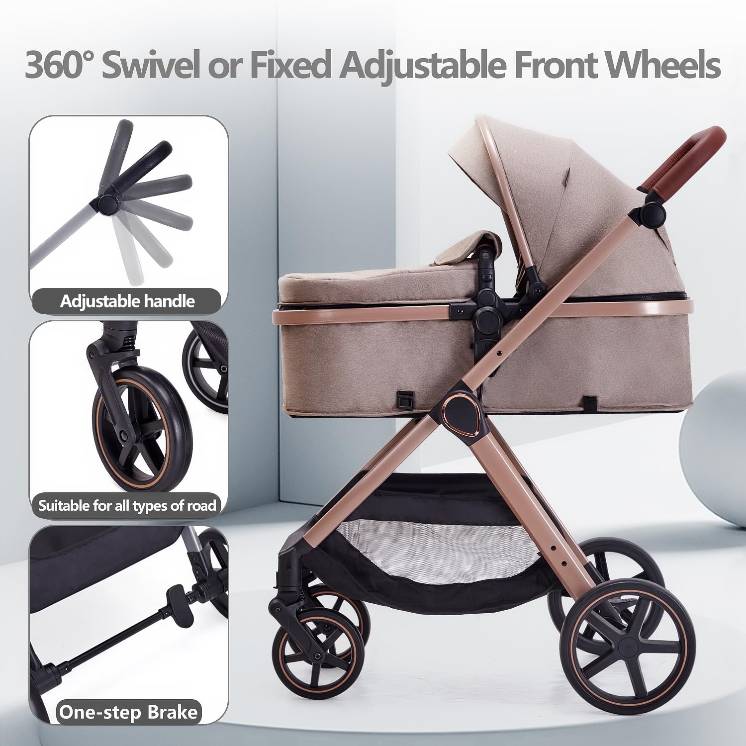 Lortsybab 2 in 1 Baby Stroller, Newborn Infant Toddler Convertible Pram Stroller for 0-36 Months Old Babies (Beige)