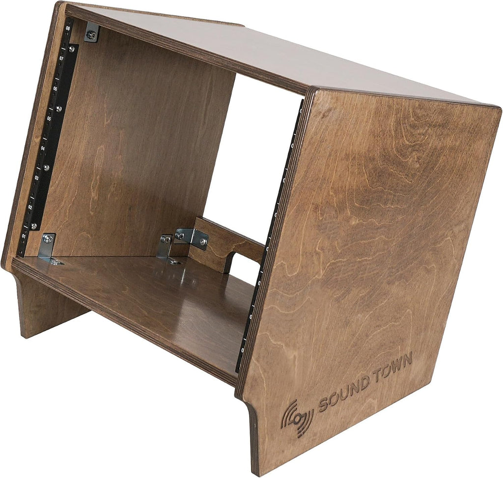 Sound Town DIY 8U Angled Desktop Turret Studio Rack with Solid Baltic Birch Plywood, Weathered Brown, Assembly Required (SDRK-8SLB)