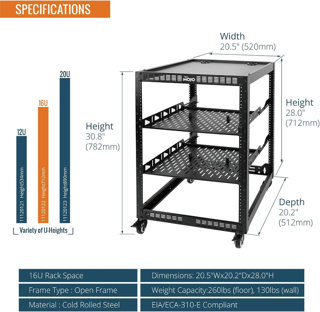 TECMOJO 16U Open Frame Network Rack for IT &AV Gear, AV Rack 4-Post with casters, Mobile 16U Rack with 2 PCS 1U Server Rack Shelf & Mounting Hardware, for 19' Network,Audio and Video Device