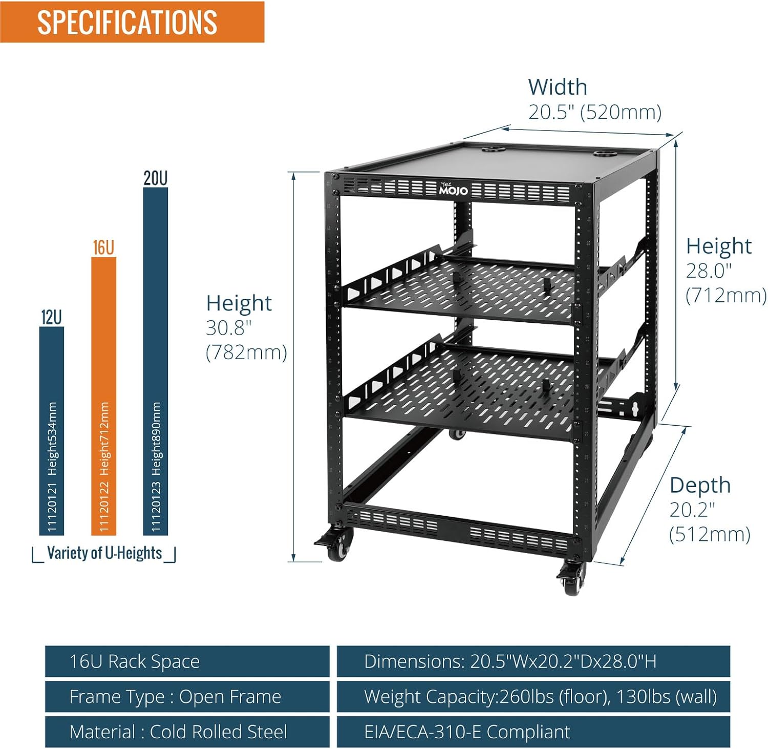 TECMOJO 16U Open Frame Network Rack for IT &AV Gear, AV Rack 4-Post with casters, Mobile 16U Rack with 2 PCS 1U Server Rack Shelf & Mounting Hardware, for 19' Network,Audio and Video Device