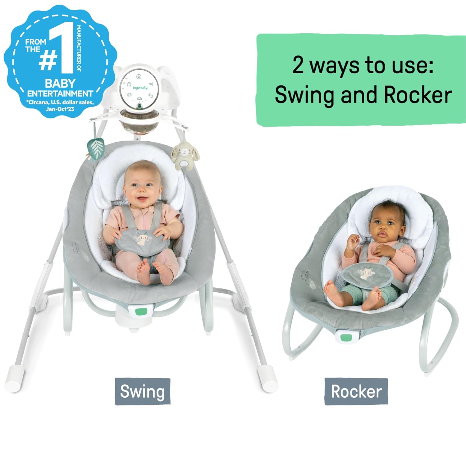 Ingenuity InLighten 2-in-1 Soothing Baby Swing & Rocker - Vibrating Swivel Infant Seat, Soothing Sounds, Lights - Remy