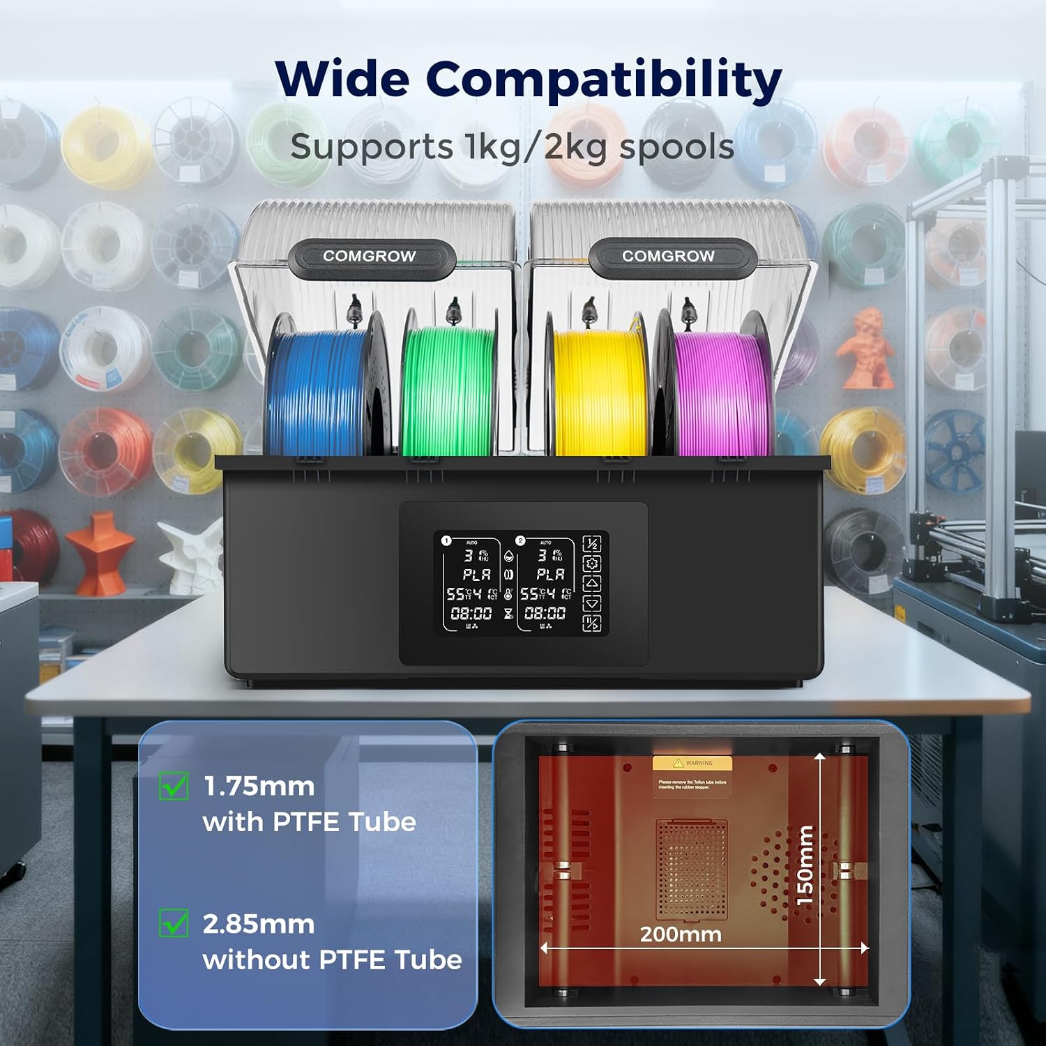 Comgrow SH03 4-Spool Filament Dryer Box, Dual 200W Heating Chambers, 85°C Max Temp, Auto Dehumidification, Fast Heat-Up, 99H Programmable Drying and Silent Sealed Storage for 1.75mm Filaments