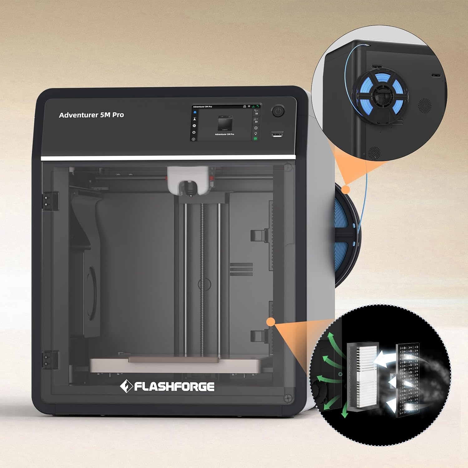 FlashForge Adventurer 5M Pro 3D Printer - 600mm/s Ultra-Fast Printing, Auto Leveling, Dual Filtration, Enclosed & Silent (50dB), 220x220x220mm Build Volume