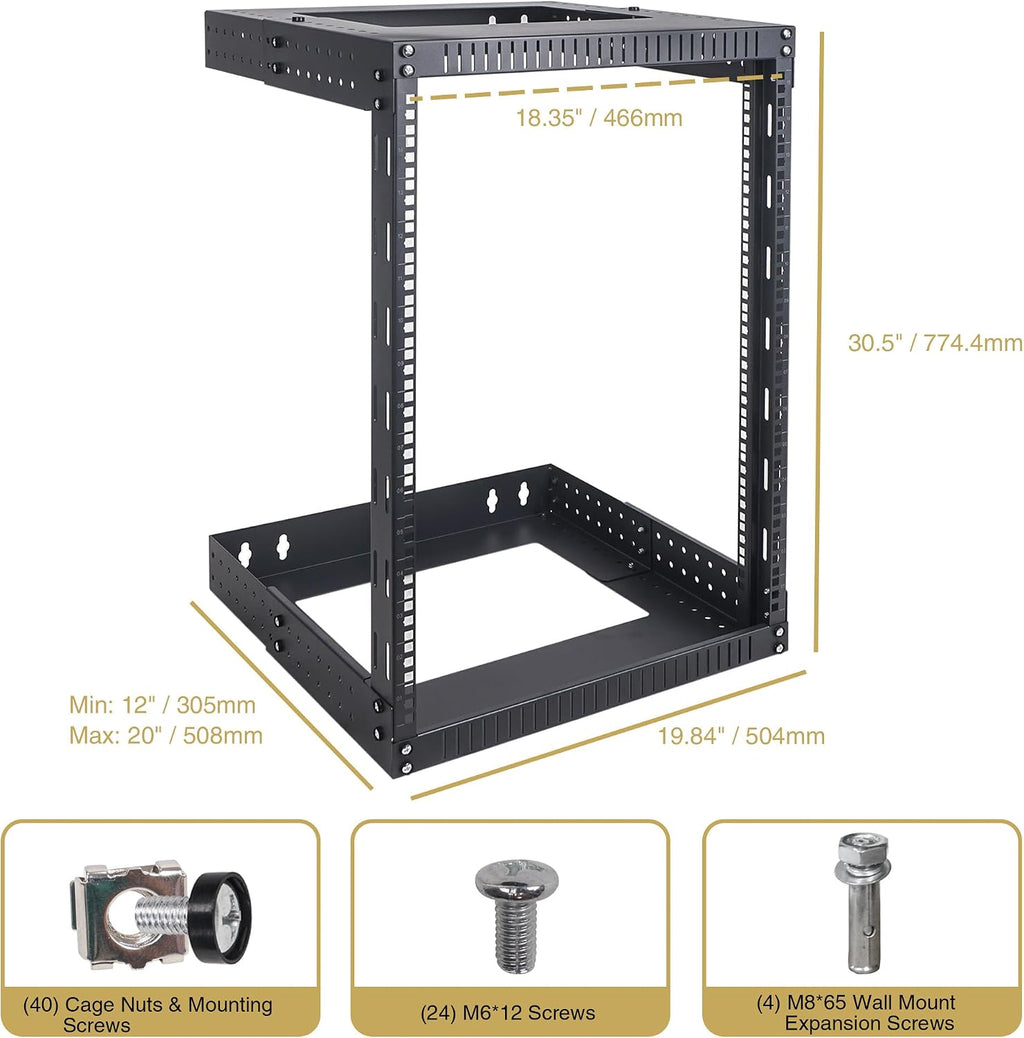 Sound Town 2-Post 15U Wall-Mount Open Frame Server and Network Equipment Rack with Adjustable Depth 12'-20' (ST2PWOR-A15U)