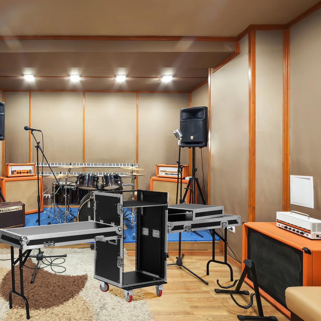 16U Dj Audio Rack, Recording Studio Rack with Top Mixer Workbench, 4 Casters,Two Foldable Dj Bench and Sliding Drawer for Stage Performance and Equipment Storage 38.18 * 28.34 * 20.86in