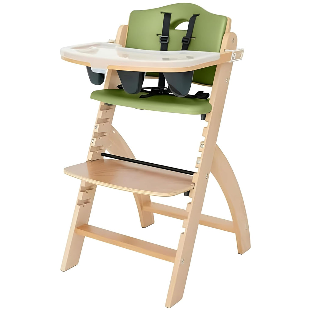 Abiie Beyond Junior Wooden High Chair for Babies and Toddlers - Convertible 3-in-1 Baby Highchair with Removable Tray - 6 Months to 250 Lb - Water Resistant - Natural Wood/Olive Cushion