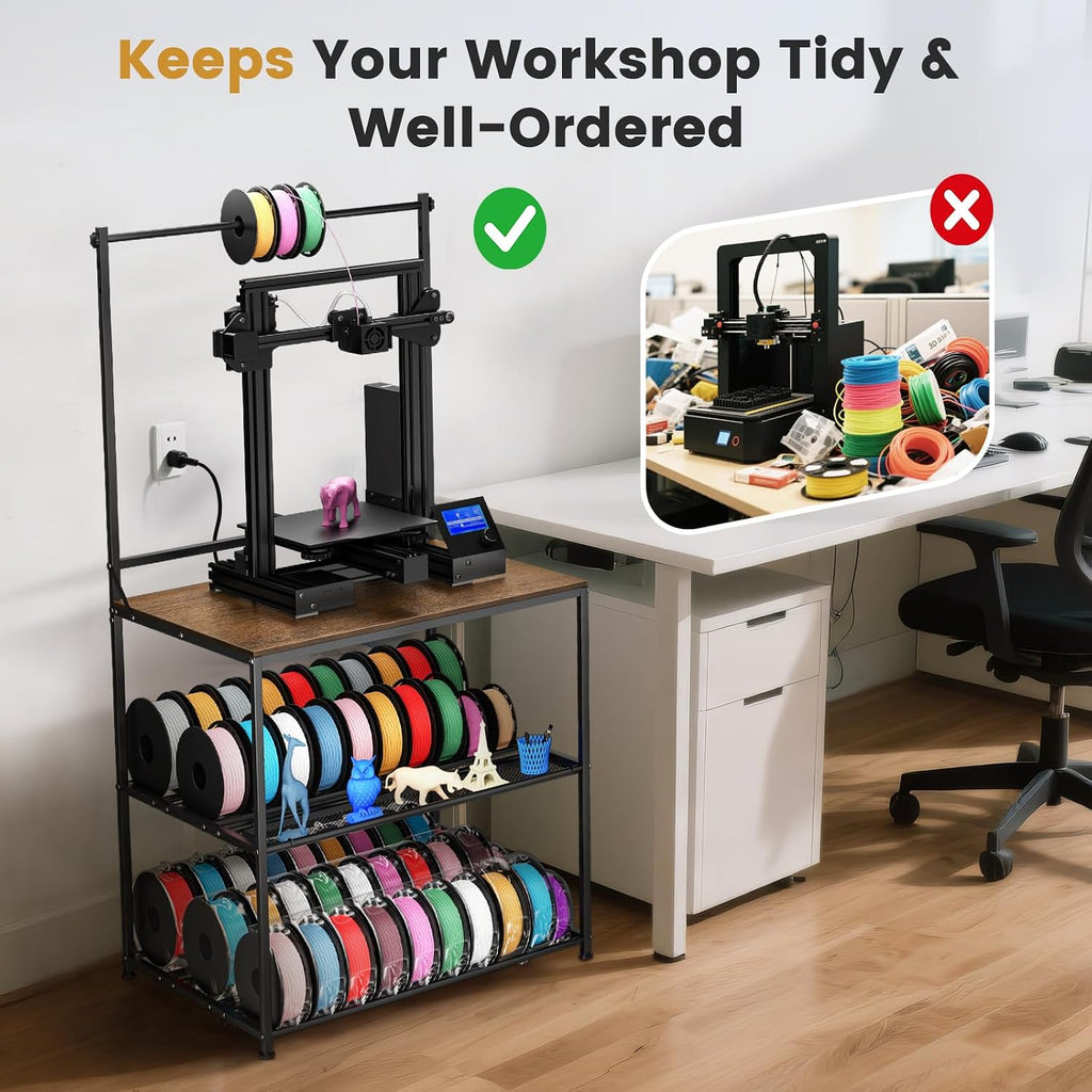 3D Printer Stand with Filaments Storage, 29.13'L x 22.44'W 3D Printer Table Filament Organizer Spools Holder Racks with Removable Basket, Hold Spool PLA, ABS, PETG for Workshop Studio Office (Brown)