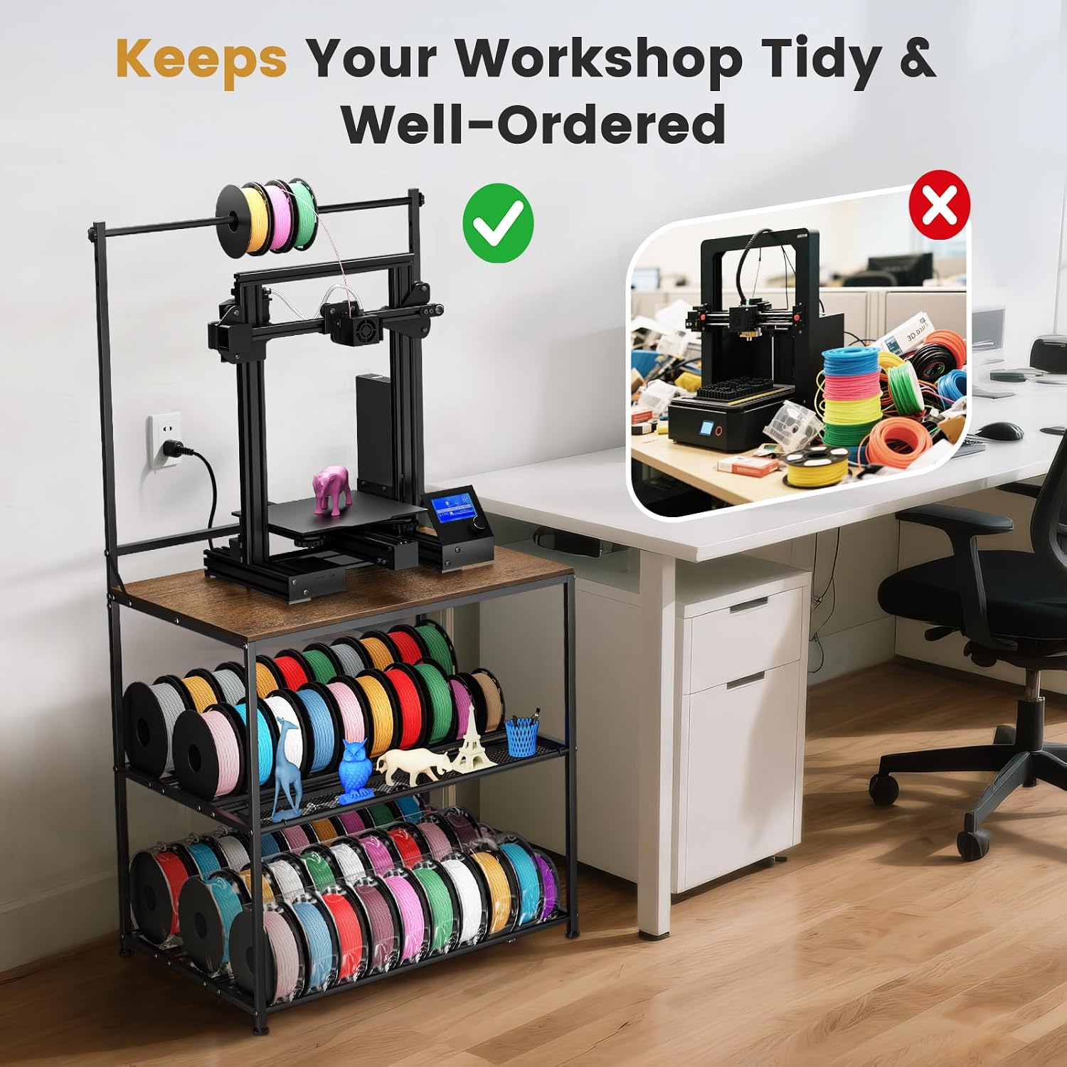 3D Printer Stand with Filaments Storage, 29.13'L x 22.44'W 3D Printer Table Filament Organizer Spools Holder Racks with Removable Basket, Hold Spool PLA, ABS, PETG for Workshop Studio Office (Brown)