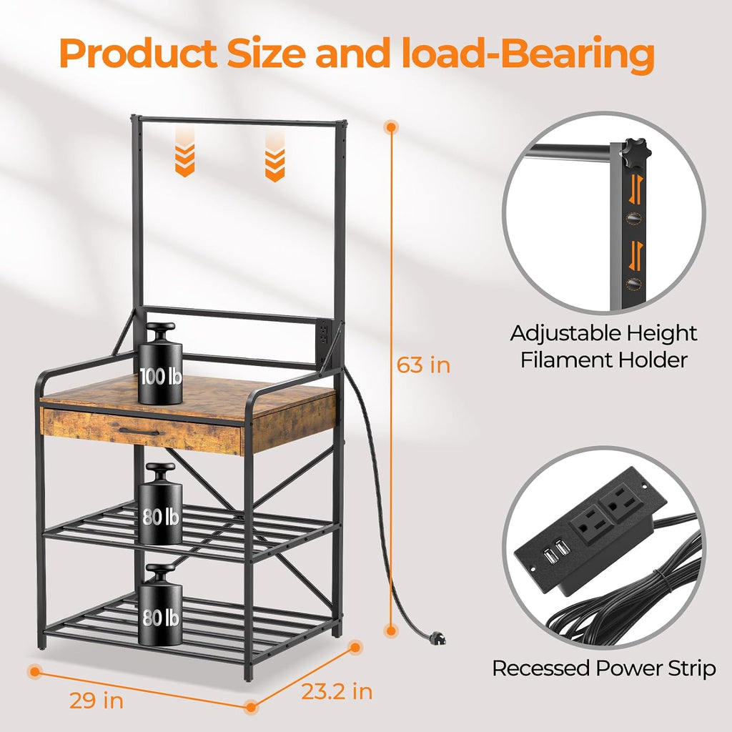 3D Printer Stand with Power Hub and Top Storage Shelf – Heavy Duty X-Bracket Stability, 3-Tier Storage & Tool Organizer for Workshop and Office