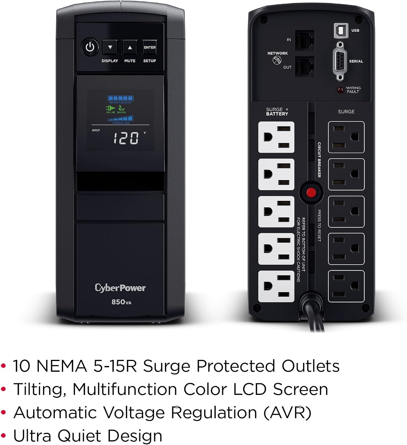 CyberPower CP850PFCLCD PFC Sinewave UPS Battery Backup and Surge Protector, 850VA/510W, 10 Outlets, AVR, Mini-Tower, UL Certified