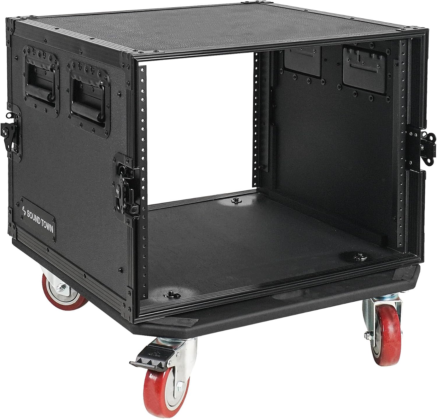 Sound Town Black Series 8U PA/DJ Rack/Road Case with 8-Space, All-Black Anodized Hardware, Plywood, Casters, and 21' Rackable Depth - Pro Tour Grade (STRC-B8UW)