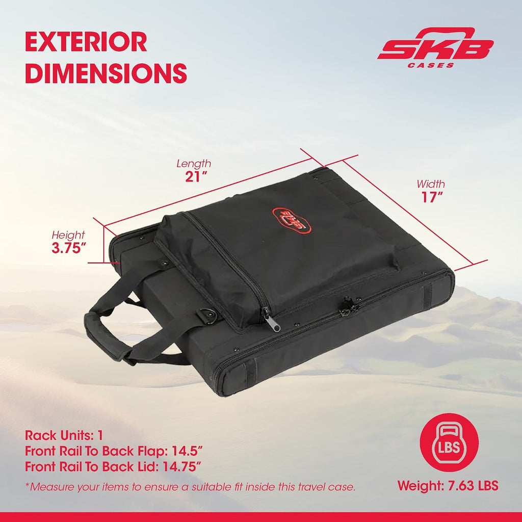 SKB Cases 1U Soft Rack Case for Wireless Microphone Systems with Steel Rails, Heavy Duty Zippers, Outer Pocket and Shoulder Straps, Black