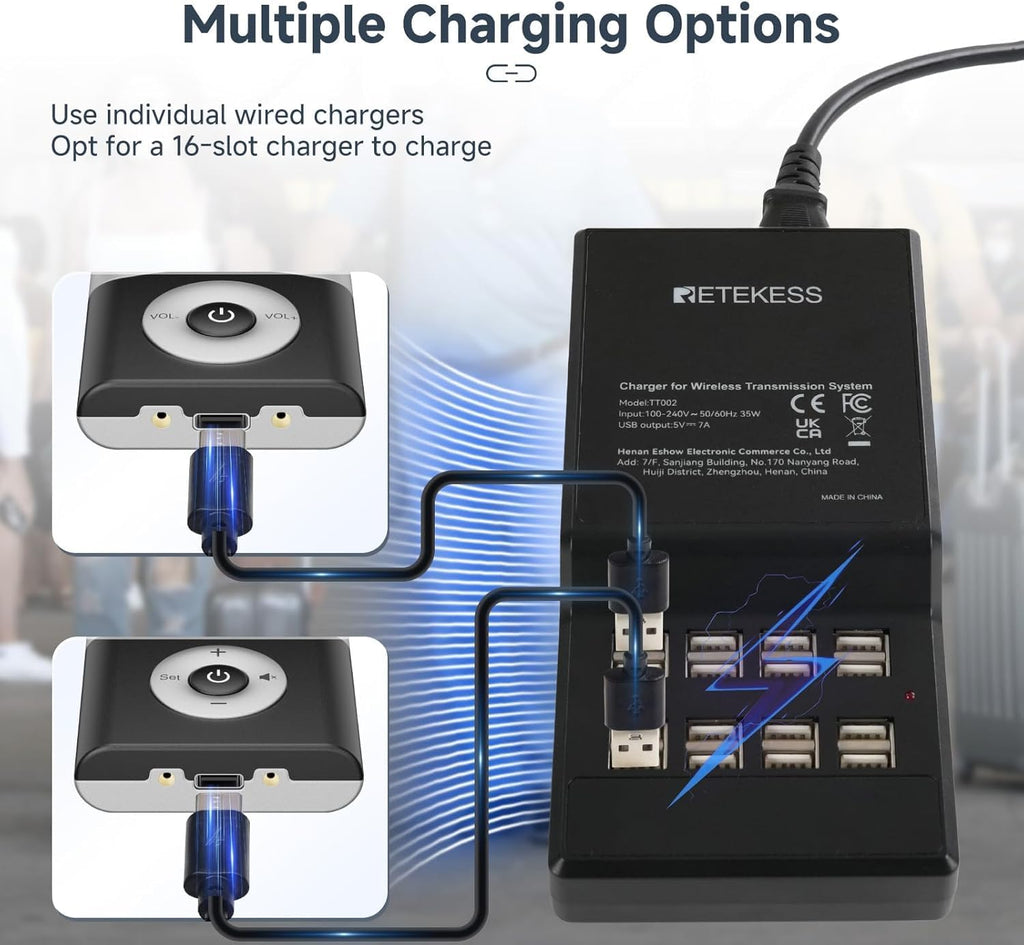Retekess T130U(4nd Gen T130) Wireless Tour Guide System, Church Translation System, U-Band, 200M, 40H, One-Key Operation with Charging Kit, Tour Guide Headsets for Travel(1Transmitter 15 Receivers)