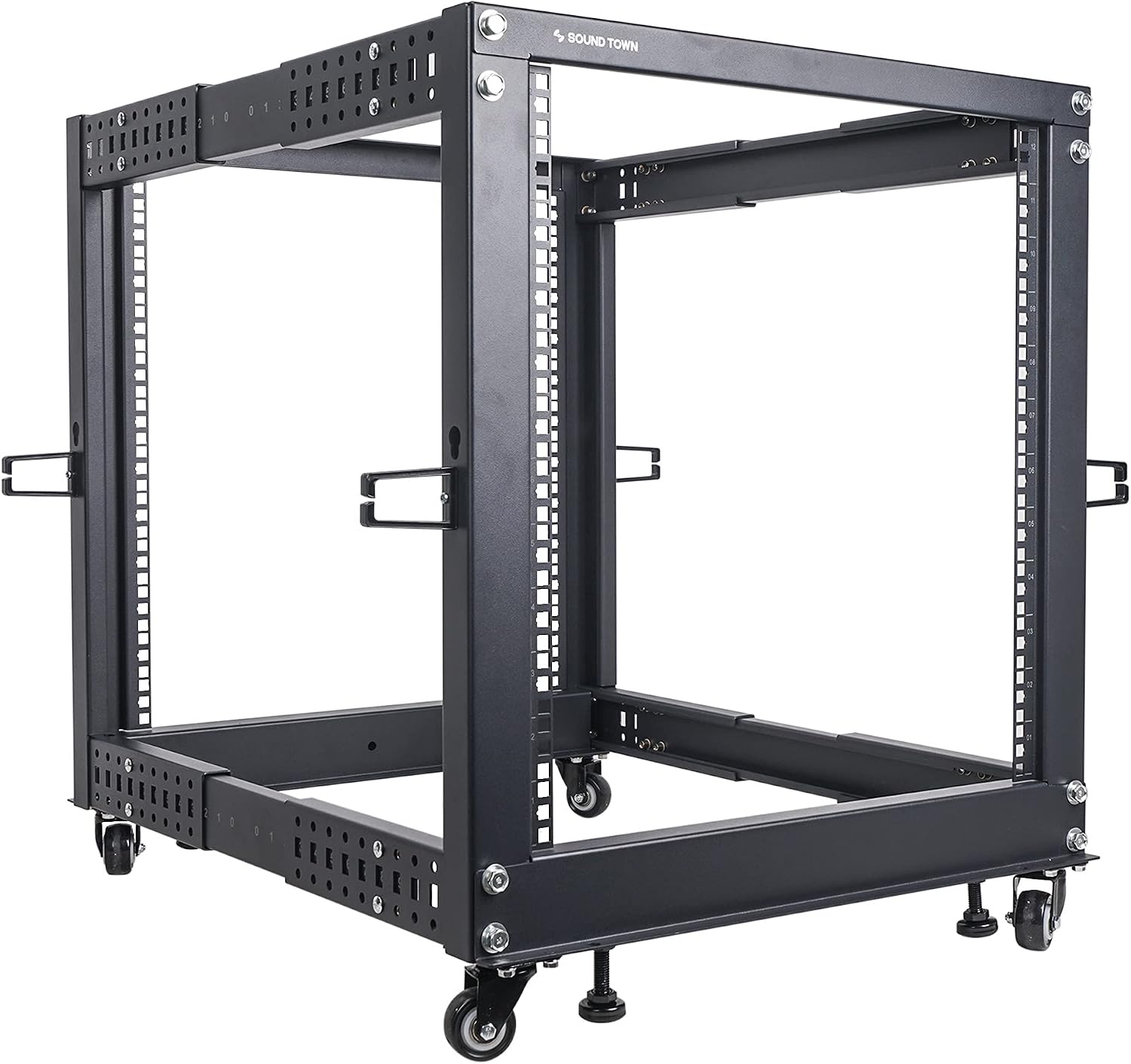 Sound Town 4-Post 12U Open Frame Sever and Network Equipment Rack with Adjustable Depth 22'-40', Casters, Levelers, Cable Management (ST4POF-A12U)